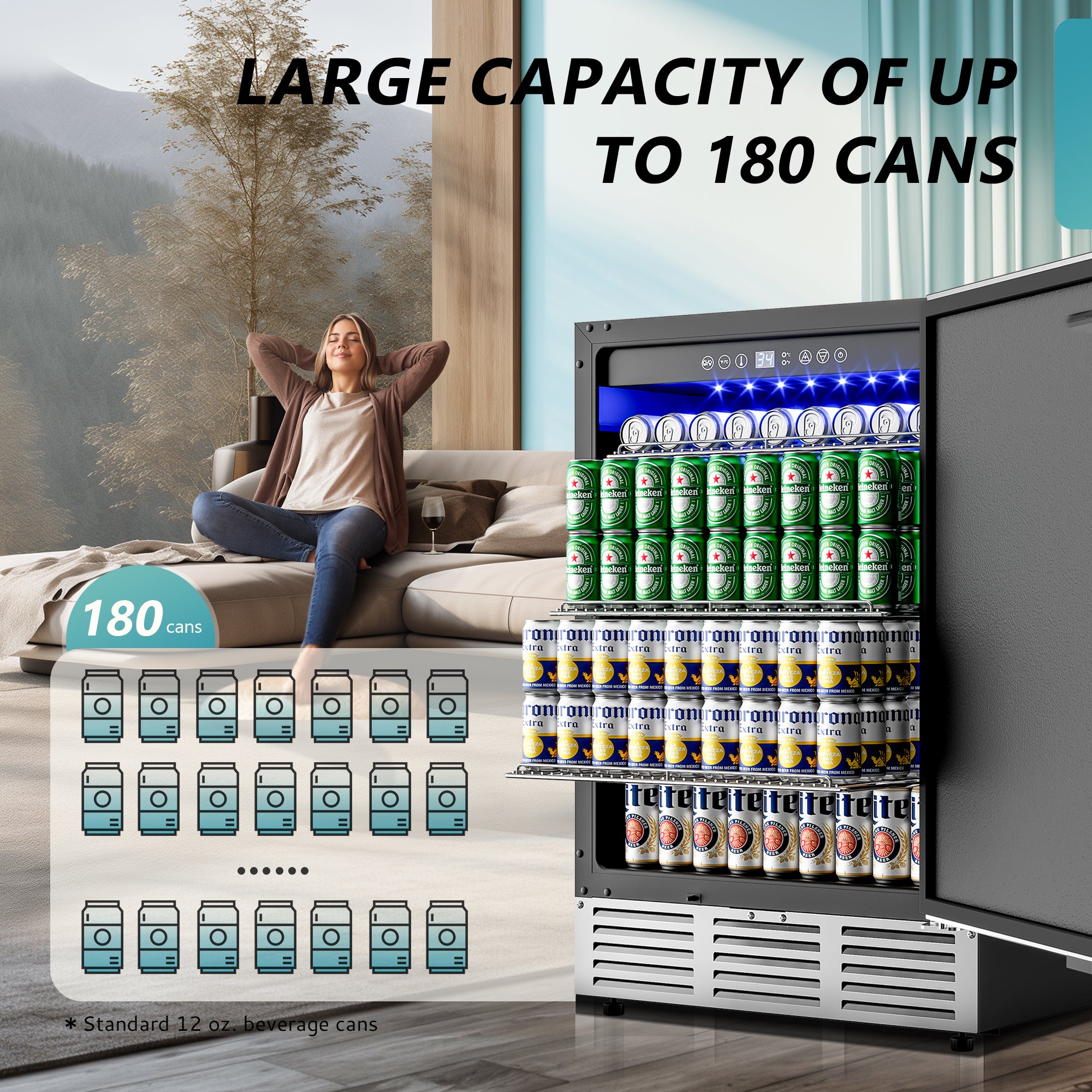 EUHOMY 5.3 cu ft beverage fridge filled with 180 cans, glass door, LED interior, lifestyle shot.