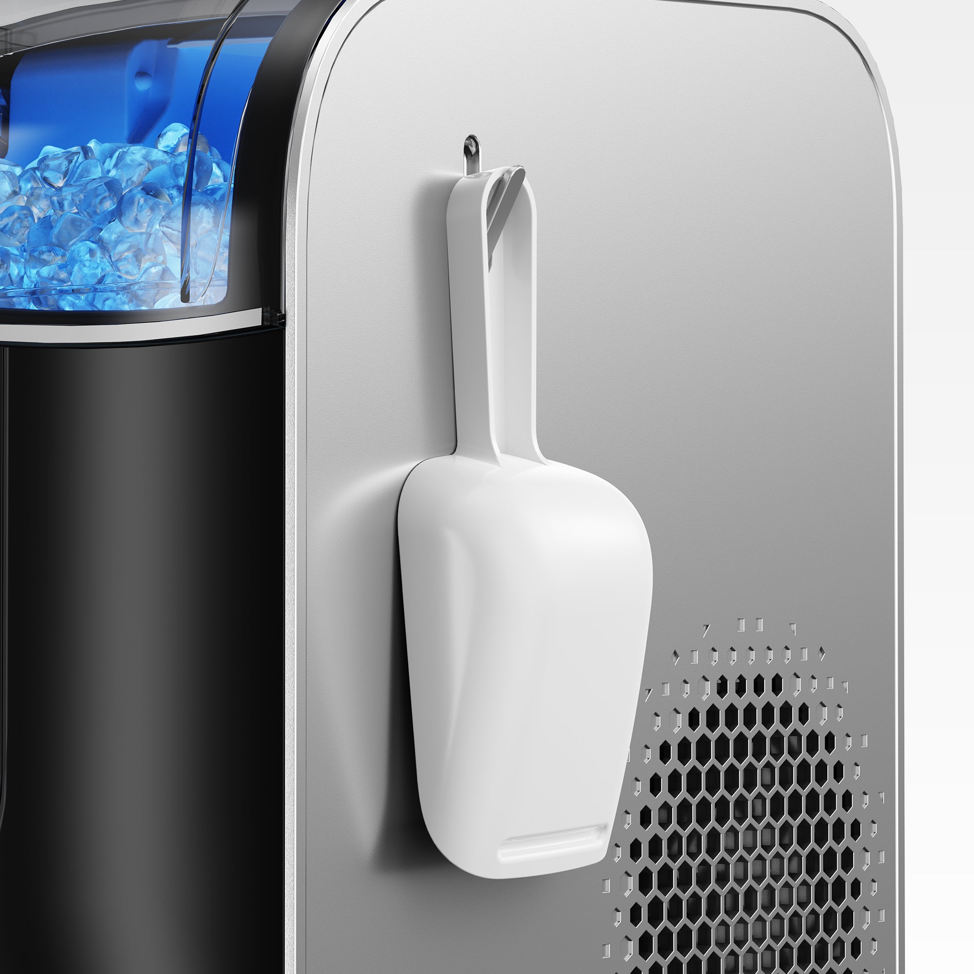 Euhomy Pearl L1 Pro nugget ice maker, side view with scoop hook and visible ice.