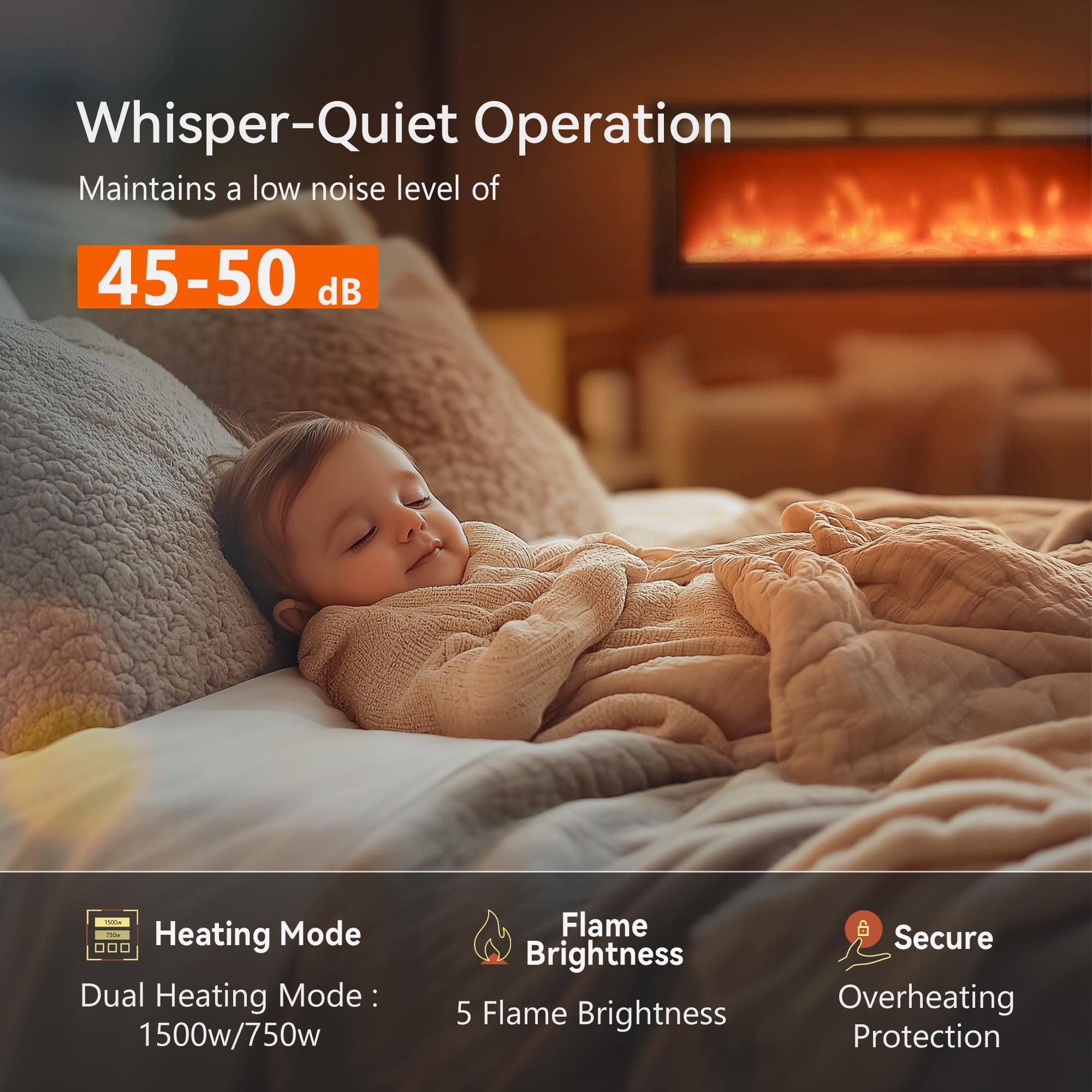 EUHOMY 50 Inch Electric Fireplace Wall Recessed and Wall Mounted with Adjustable Flame Color, Fireplace Heater with Remote Control, Linear Fireplace with Timer, Touch Screen, Log & Crystal, 750/1500W