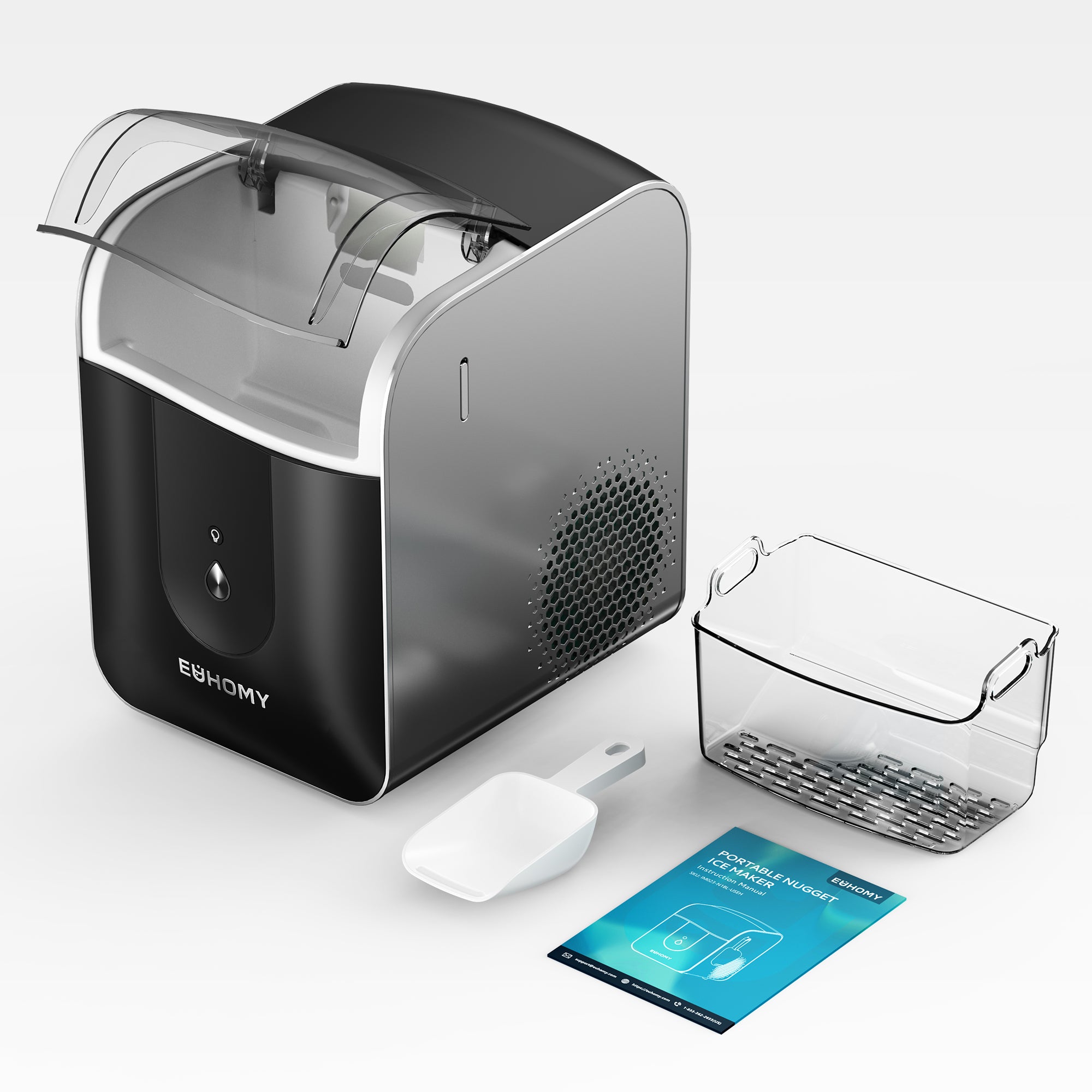 Euhomy Pearl L1 Pro black countertop nugget ice maker with clear lid, scoop, ice bin, and manual.