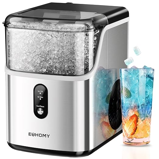 Silver Euhomy countertop nugget ice maker displaying soft chewable pellets next to a refreshing drink with sonic ice.