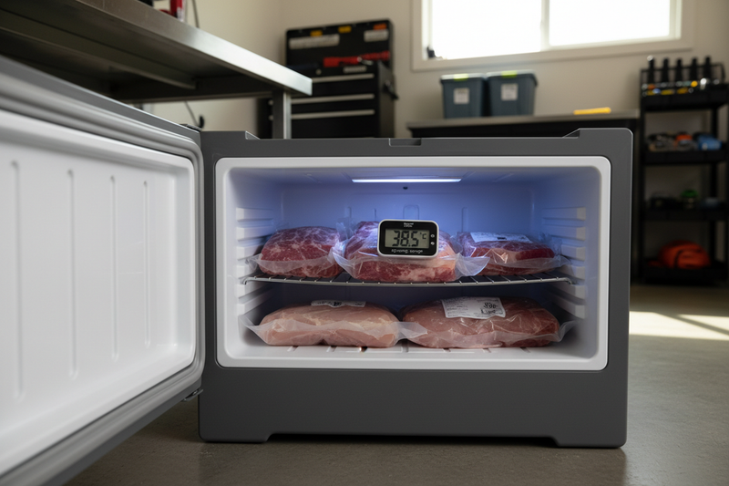 What Is the Safest Temperature Range for Storing Raw Meat in a Portable Refrigerator?