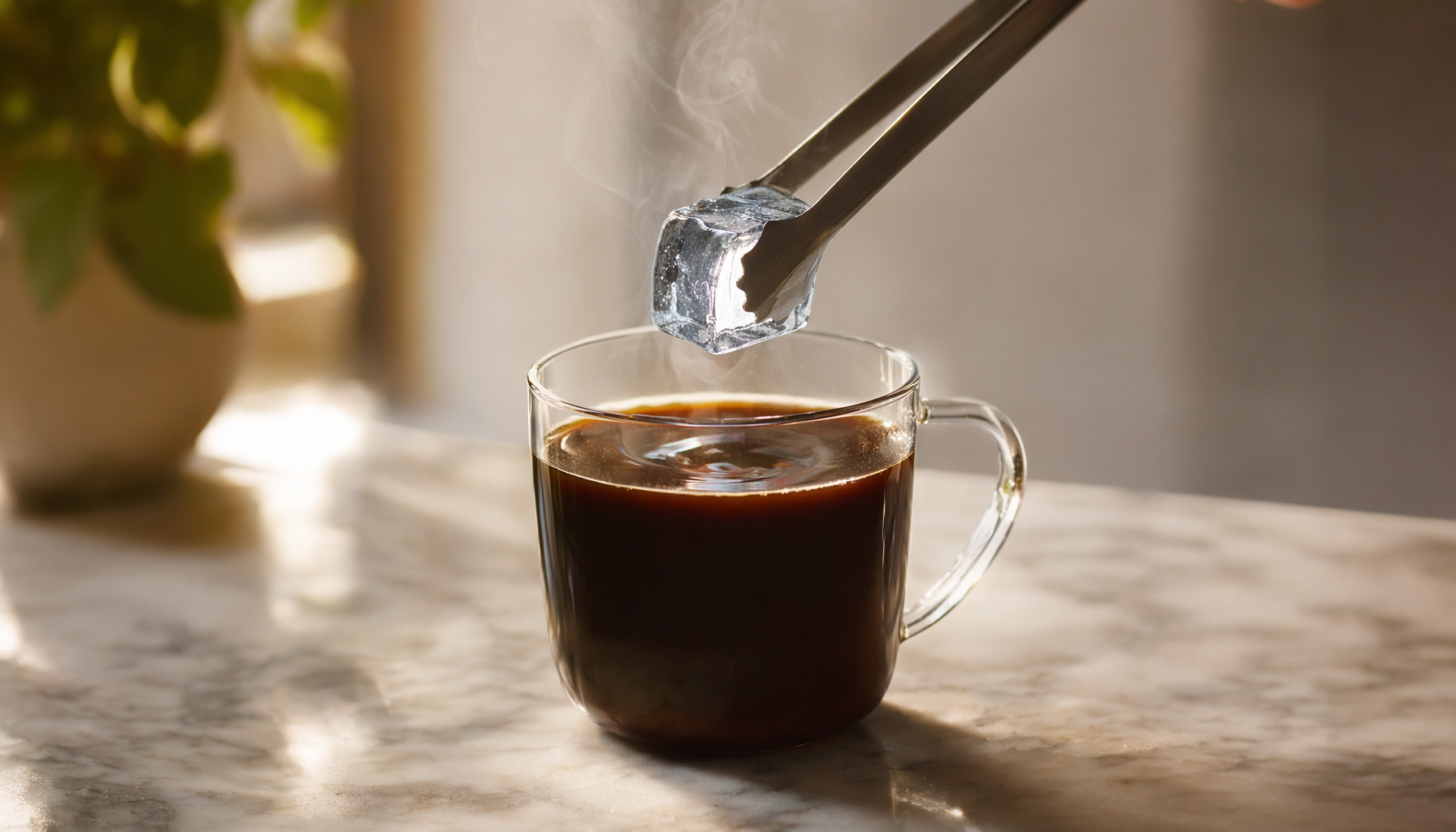 borosilicate glass mug hot coffee adding ice cube safely