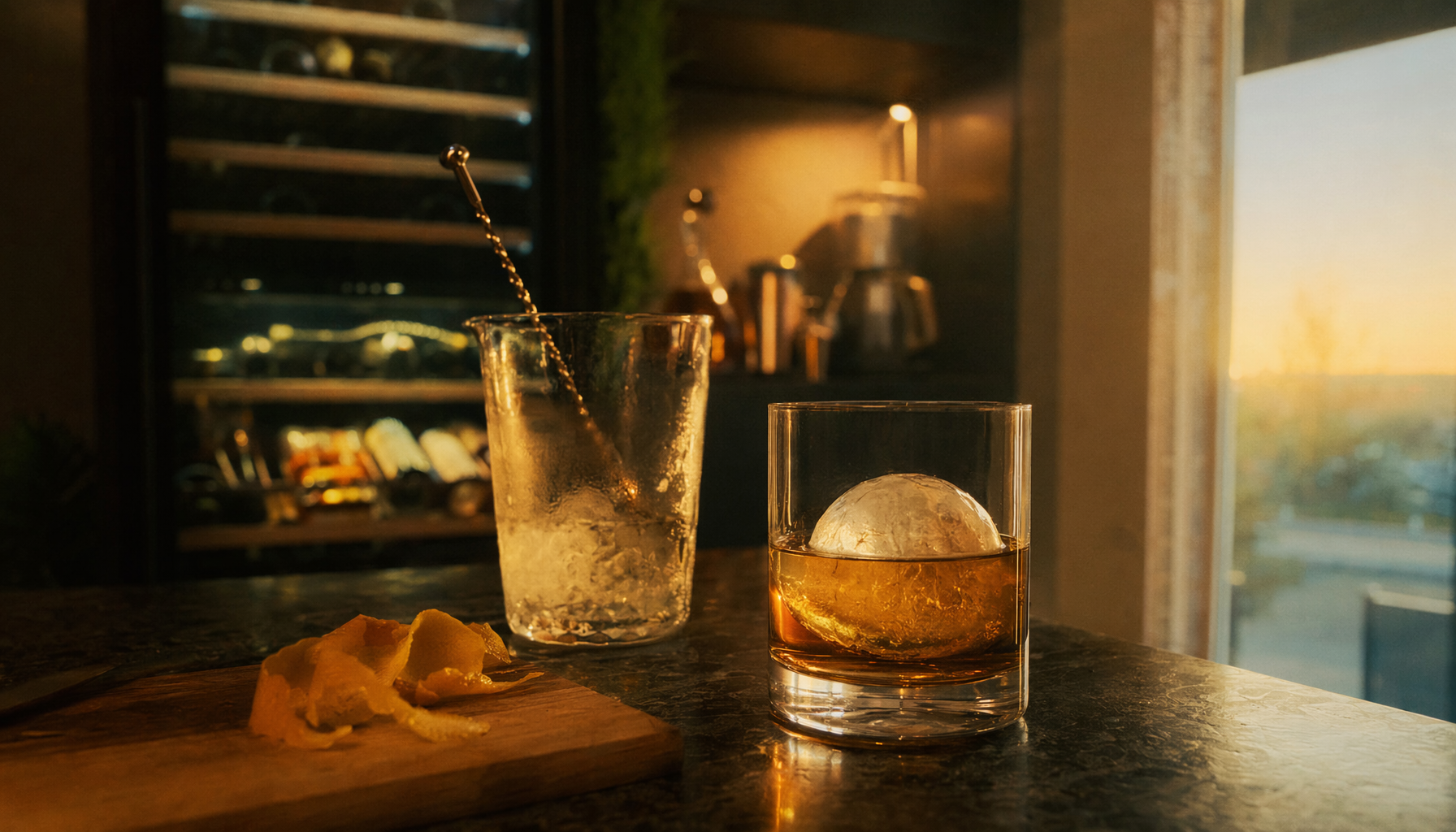 craft cocktail home bar clear ice sphere whiskey