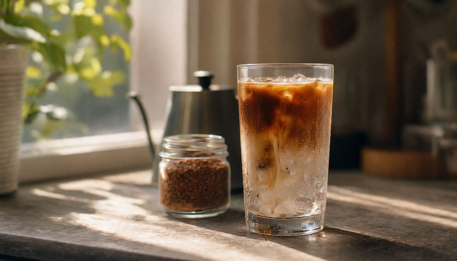 instant iced coffee tall glass dense ice condensation