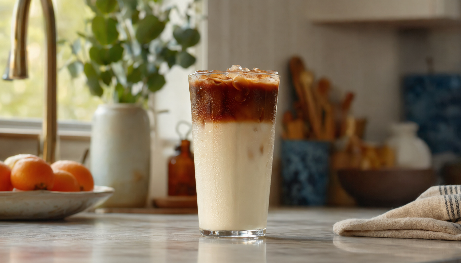 layered iced latte milk coffee separation tall glass