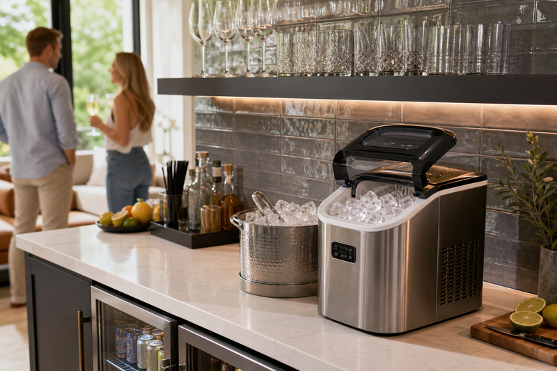 Should Your Home Bar Ice Maker Match the Glassware Display or the Backsplash?