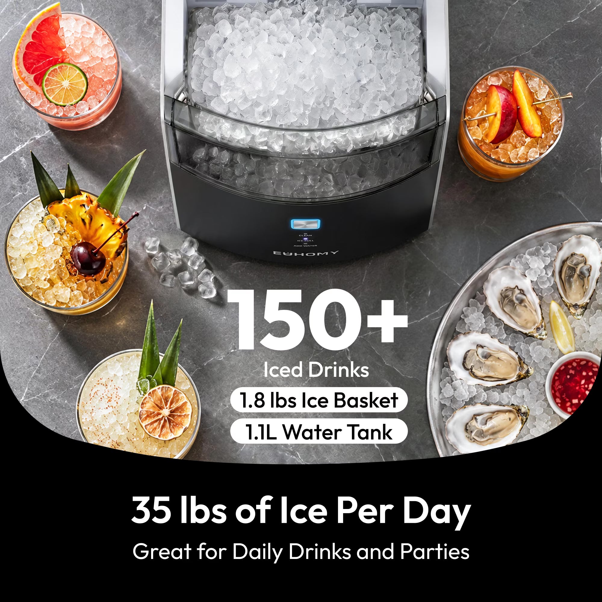 EUHOMY Countertop Nugget Ice Maker, 5-Minute Fast Ice Making, 35Lbs/24H Chewable Ice Machine with Dual-Layer Insulation, Self-Cleaning & 4 Descaling Packets, for Home, Office, Bar & RV, Black
