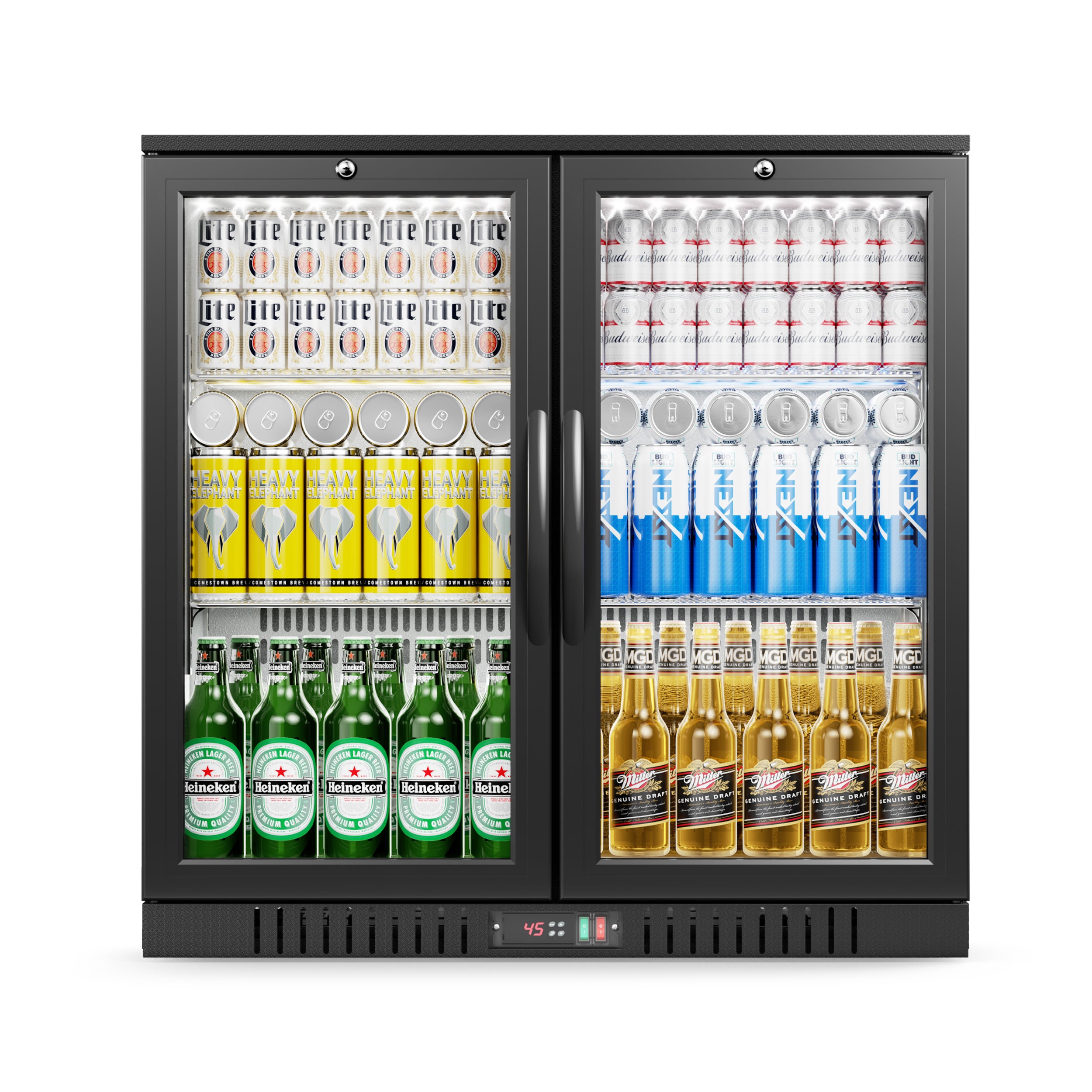 EUHOMY black double-door cooler stocked with beer cans and bottles on adjustable shelves, glass front.