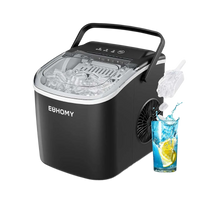 Black Euhomy H1 portable bullet ice maker producing fresh ice cubes, with an ice scoop and a drink.