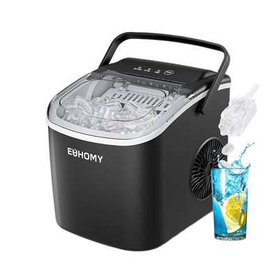 Euhomy black bullet ice maker with clear lid, ice basket and drink with ice
