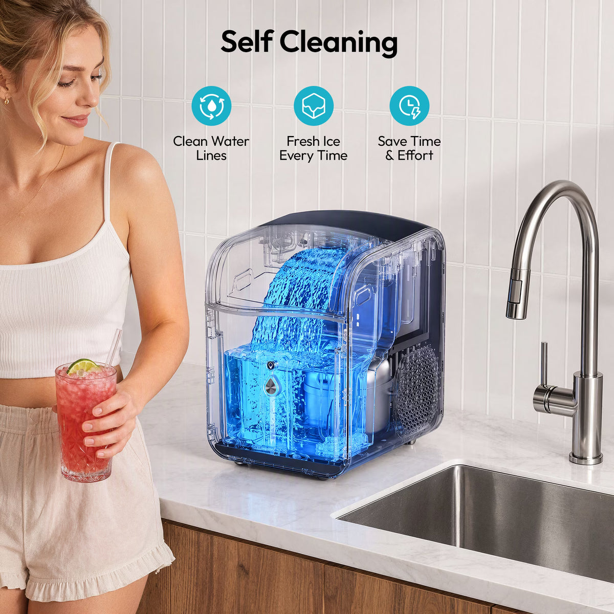 EUHOMY Countertop Nugget Ice Maker, 40 lbs/24H, Self-Cleaning, Smart App, Chewable Ice, Black
