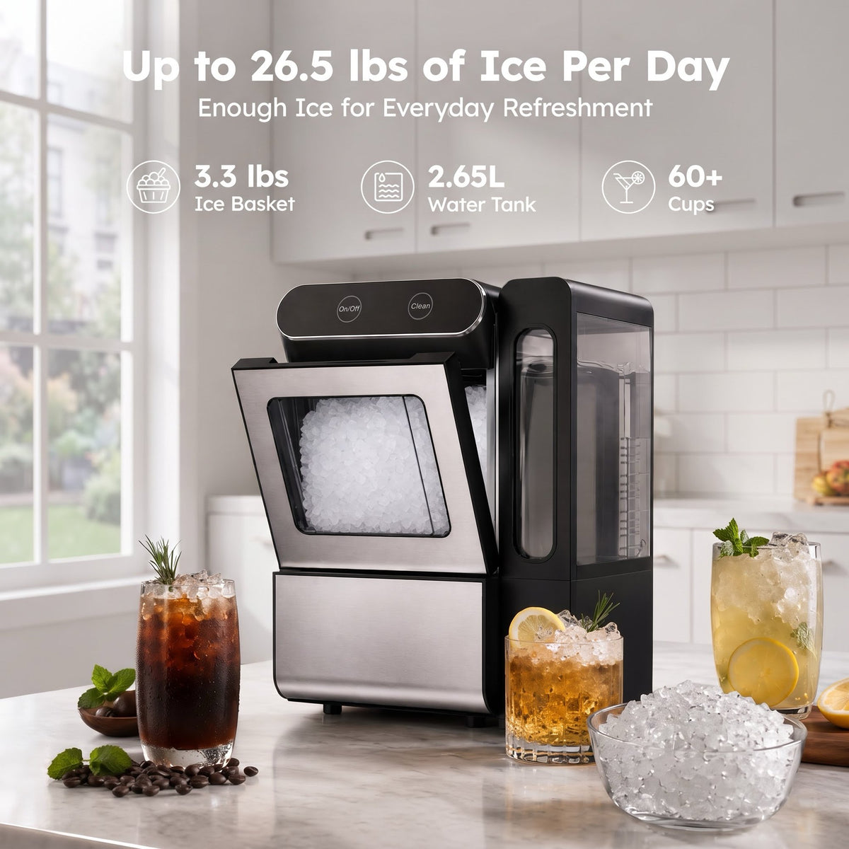 EUHOMY Nugget Ice Maker Countertop 26lbs/Day, 4.3L Water Tank, Portable Chewable Ice Machine for Home, Office & Bar