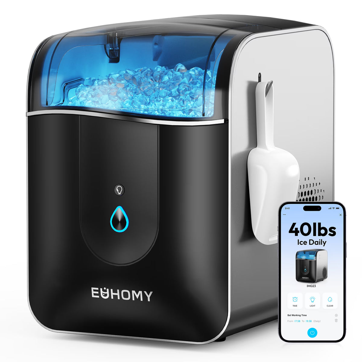 EUHOMY Countertop Nugget Ice Maker, 40 lbs/24H, Self-Cleaning, Smart App, Chewable Ice, Black