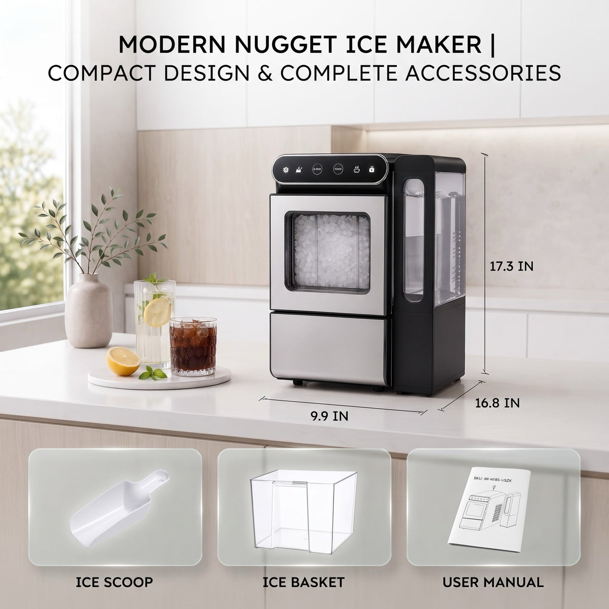 EUHOMY Nugget Ice Maker Countertop 26lbs/Day, 4.3L Water Tank, Portable Chewable Ice Machine for Home, Office & Bar
