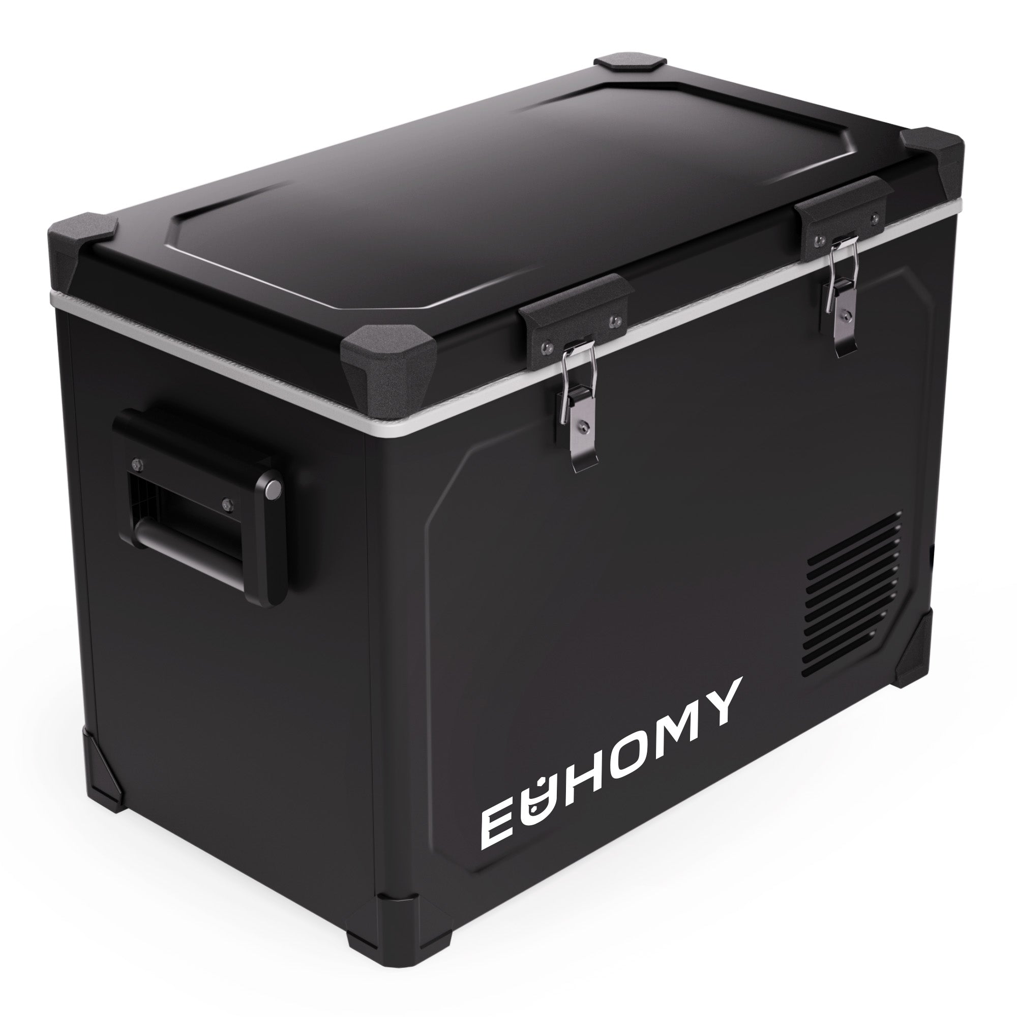 Euhomy 69qt black dual zone cooler closed. Durable metal body, dual doors, EUHOMY logo. For camping, home, off-grid.
