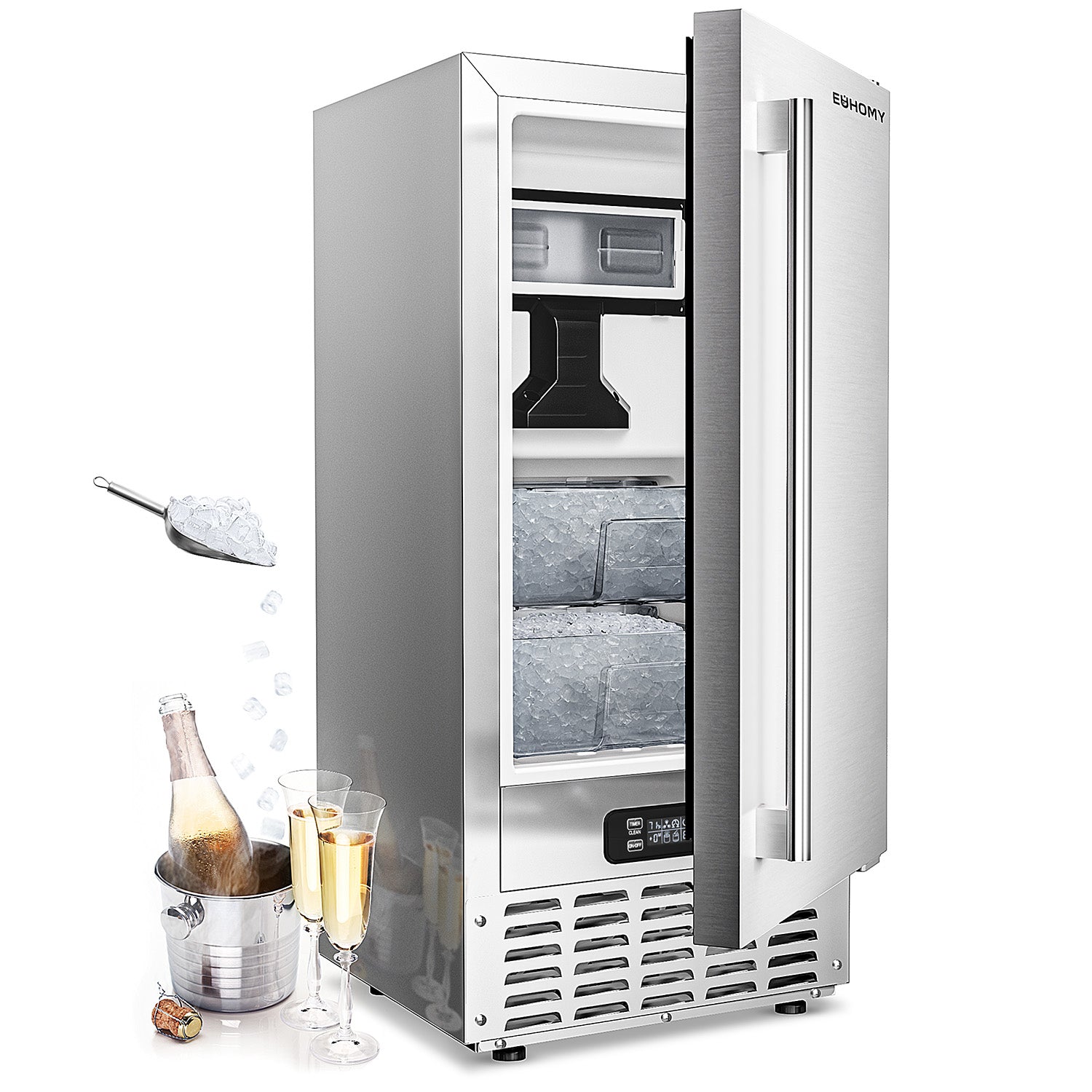 EUHOMY commercial nugget ice maker with door ajar, filled with ice, ice scoop, champagne bucket and flutes.