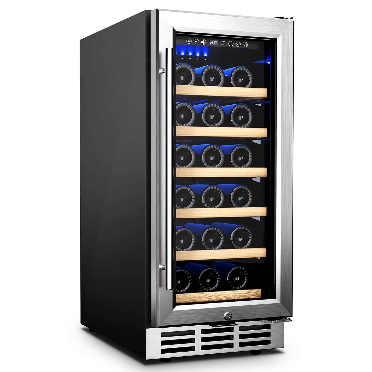 EUHOMY 15 Inch Wine Fridge with glass door, 5 wooden shelves, and blue LED interior light showcasing stored wine bottles.