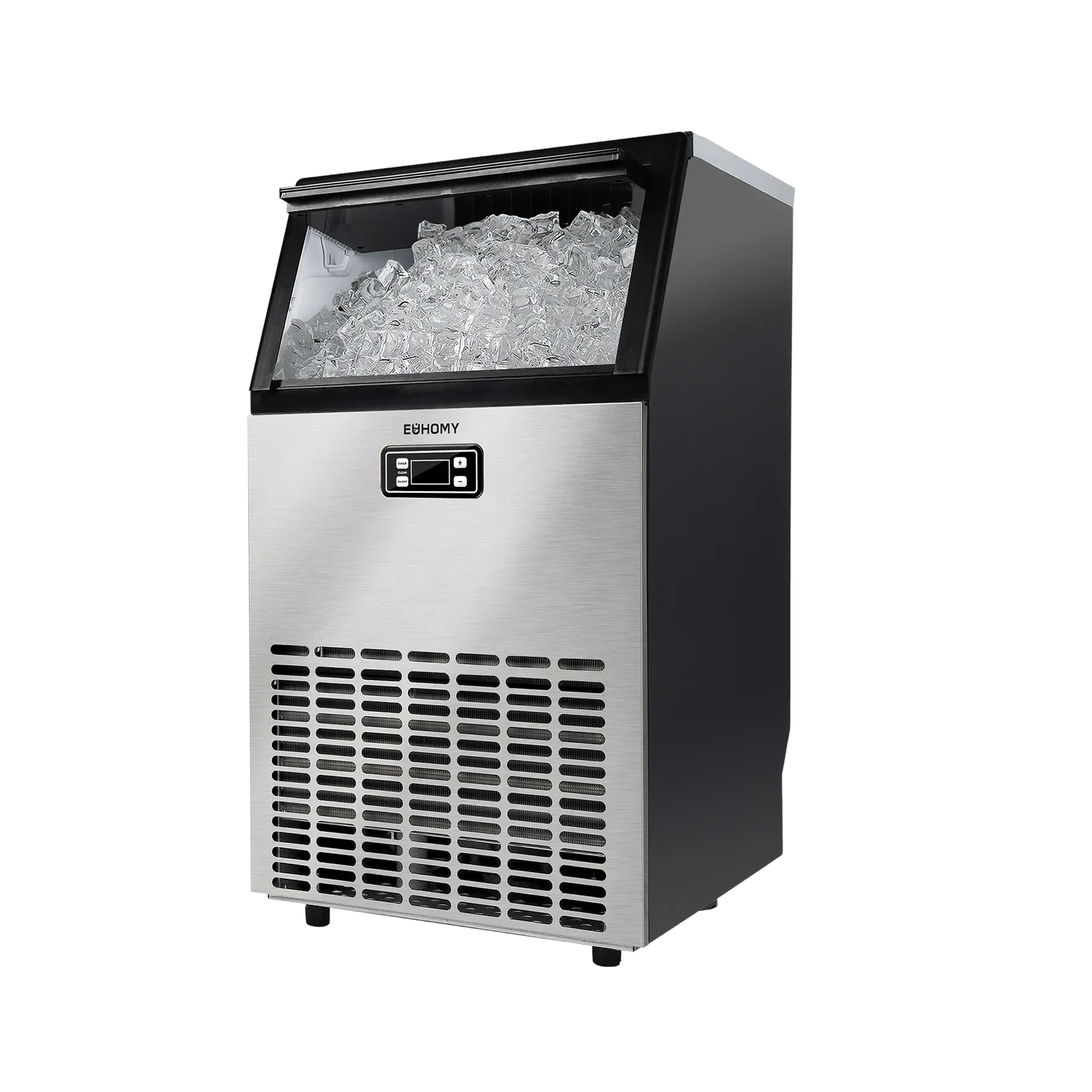 EUHOMY stainless steel undercounter ice machine with black control panel and transparent lid full of ice, ETL certified.