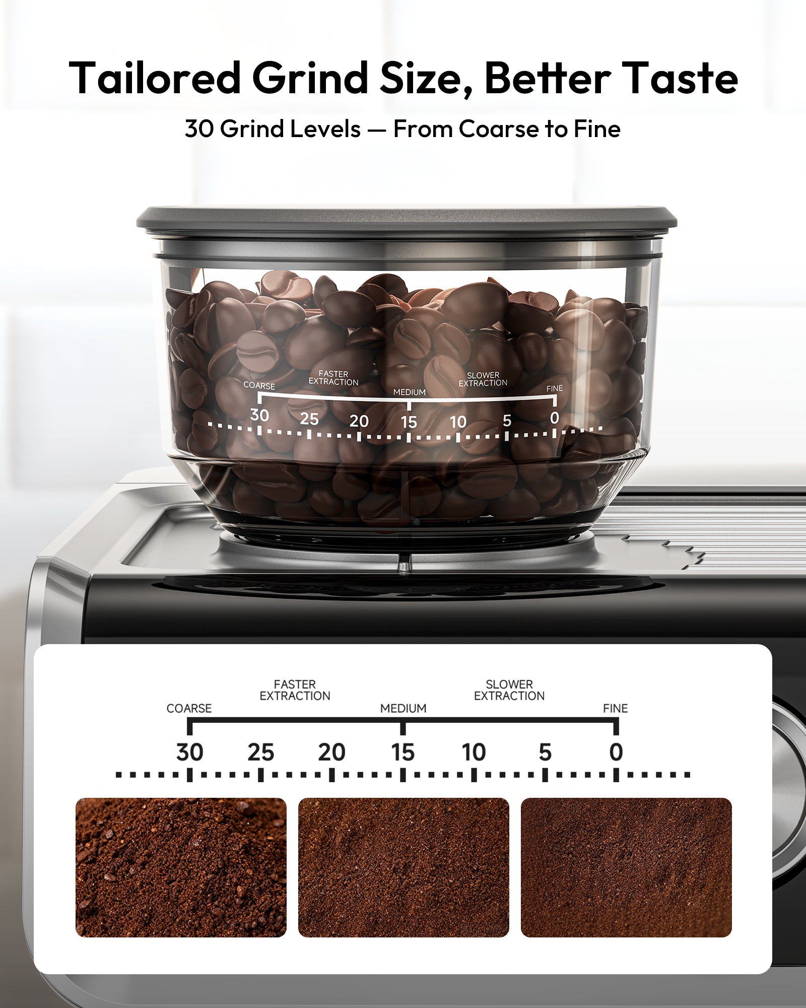 Espresso machine grinder hopper with 30 grind levels from coarse to fine