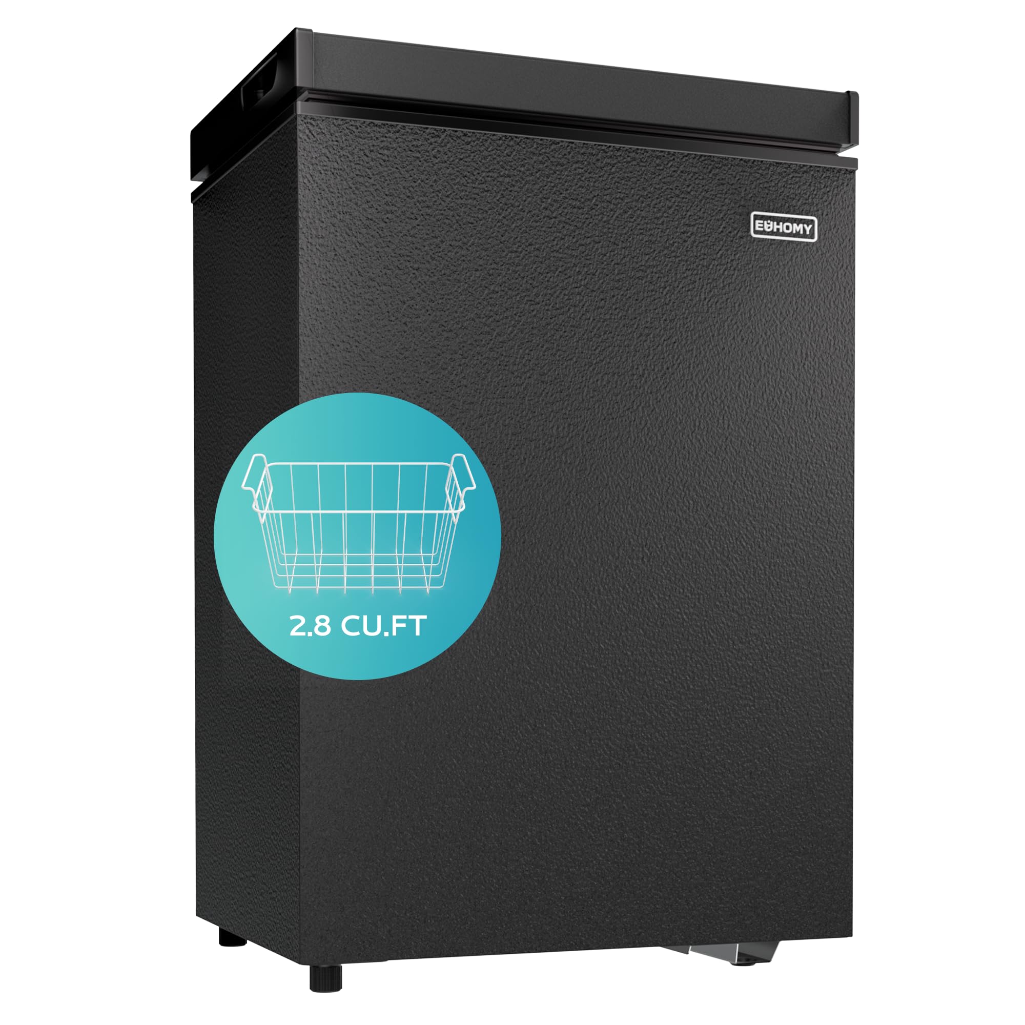 Euhomy 3.5 cu ft black chest freezer exterior, showing removable basket.