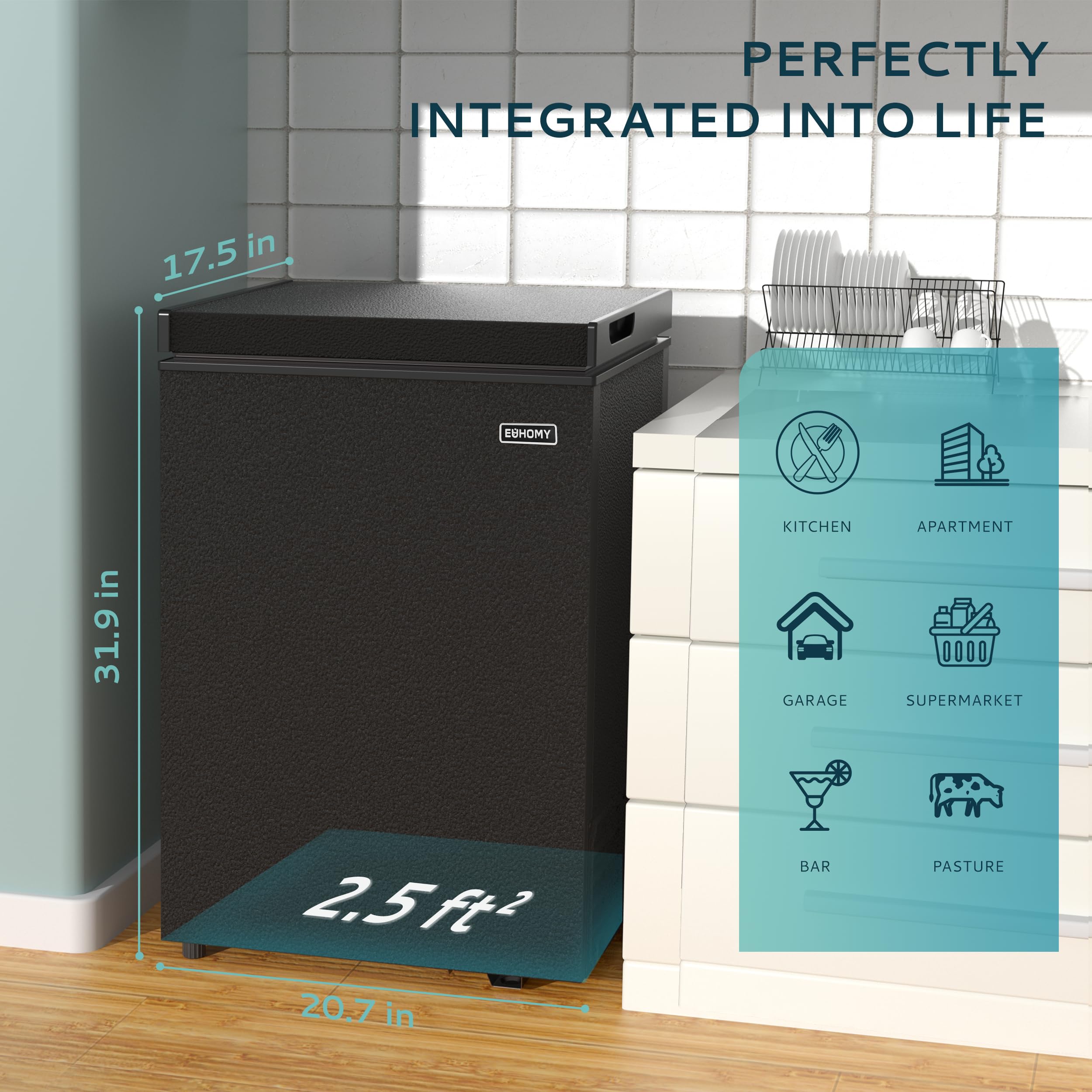 Euhomy small chest freezer, black, 3.5 Cu Ft. Compact 3.2 sq ft. Fits kitchen, apartment, garage, bar.
