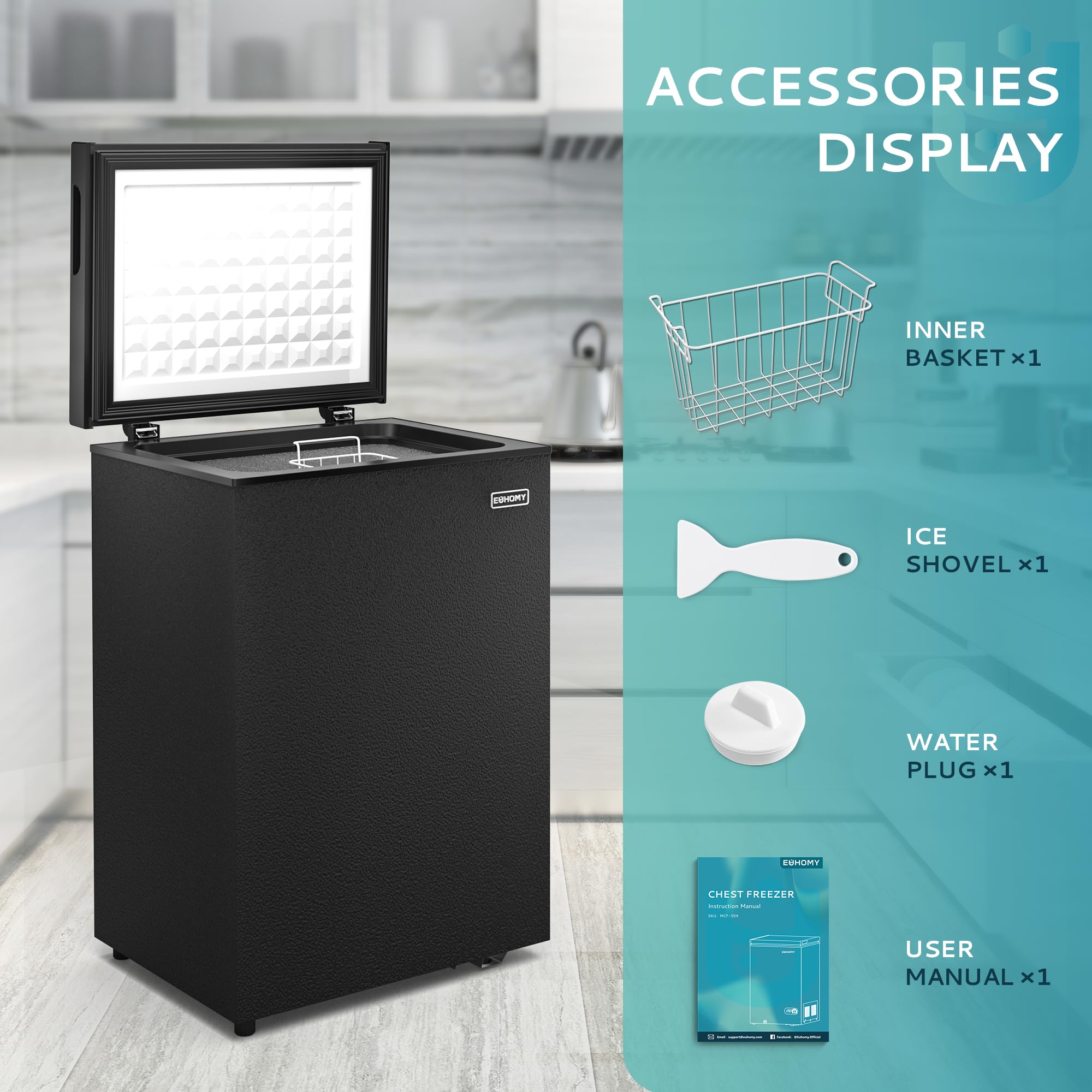 Euhomy 3.5 cu ft black chest freezer open, displaying accessories: inner basket, ice shovel, water plug, manual.