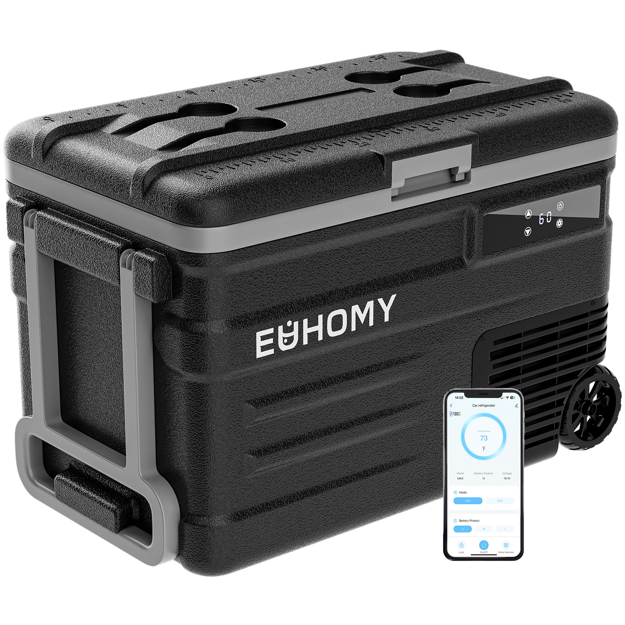 Euhomy 12 volt car refrigerator with LCD panel and app control on smartphone. Portable, frost-free cooler with wheels.