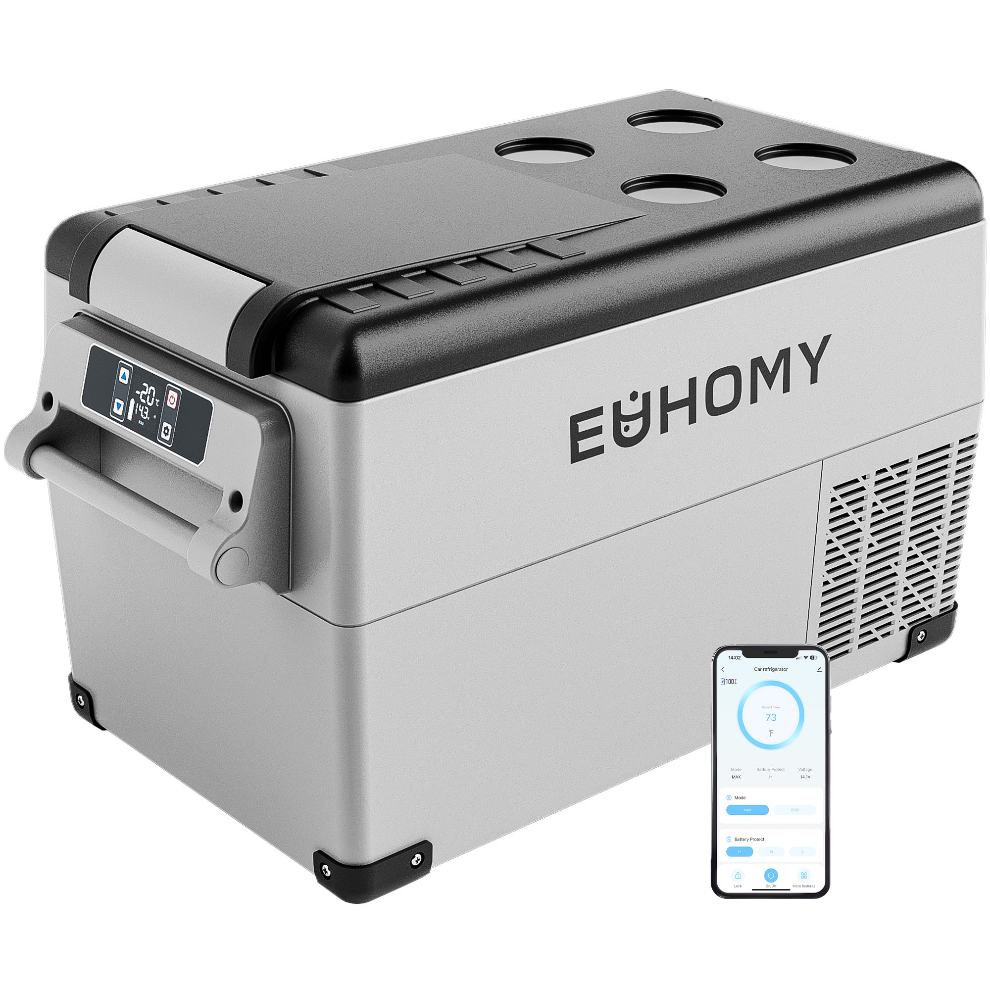 Euhomy 38-qt gray portable refrigerator with app control and digital temperature display for convenient use.