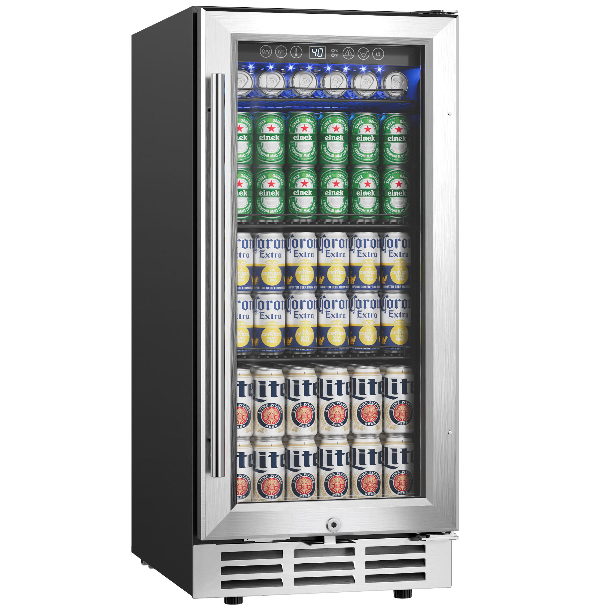 EUHOMY 15 Inch beverage refrigerator with glass door, filled with Heineken, Corona, and Miller Lite cans, set to 40°F.