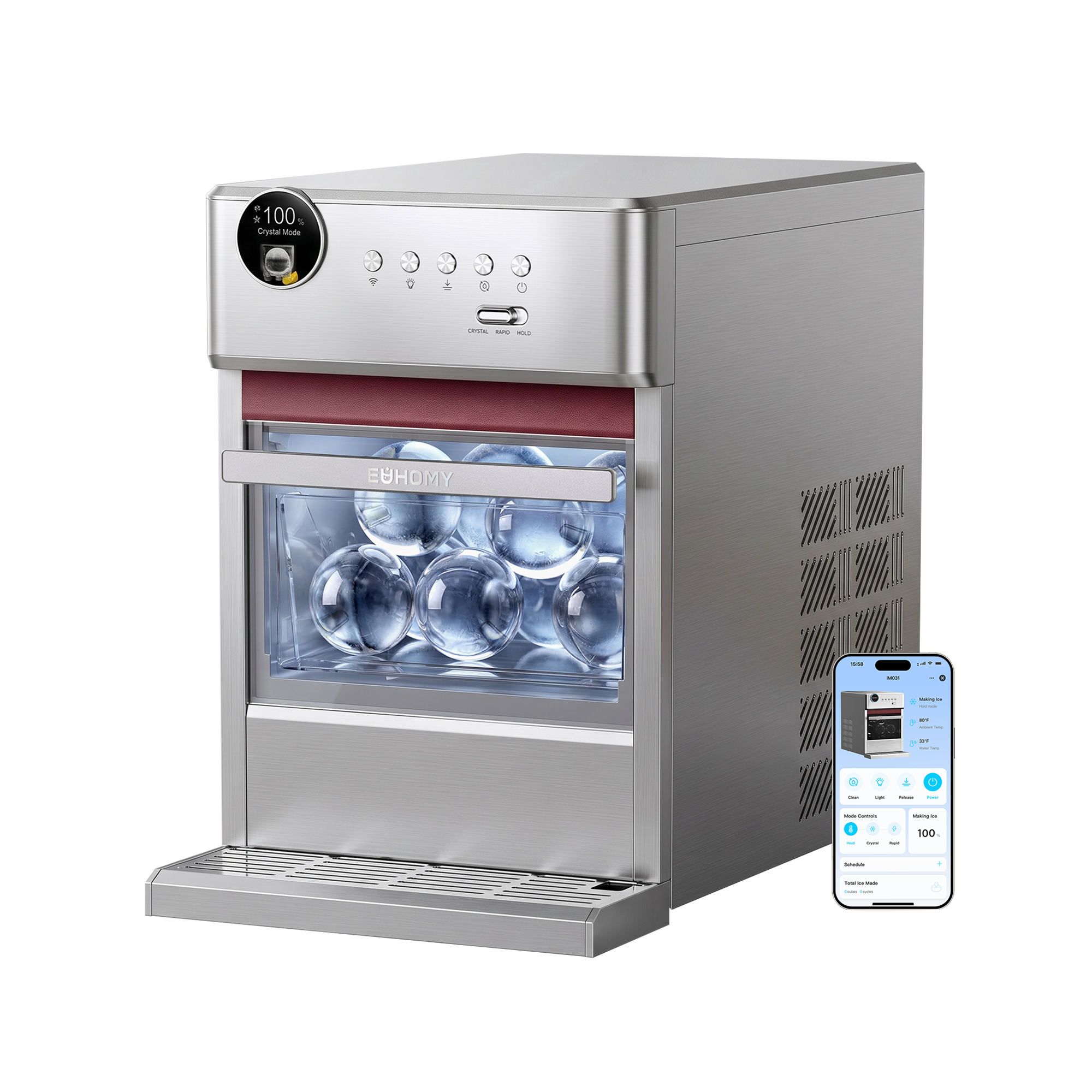 Euhomy Rock Pro Sphere Ice Maker stainless steel with clear sphere ice and smart app control