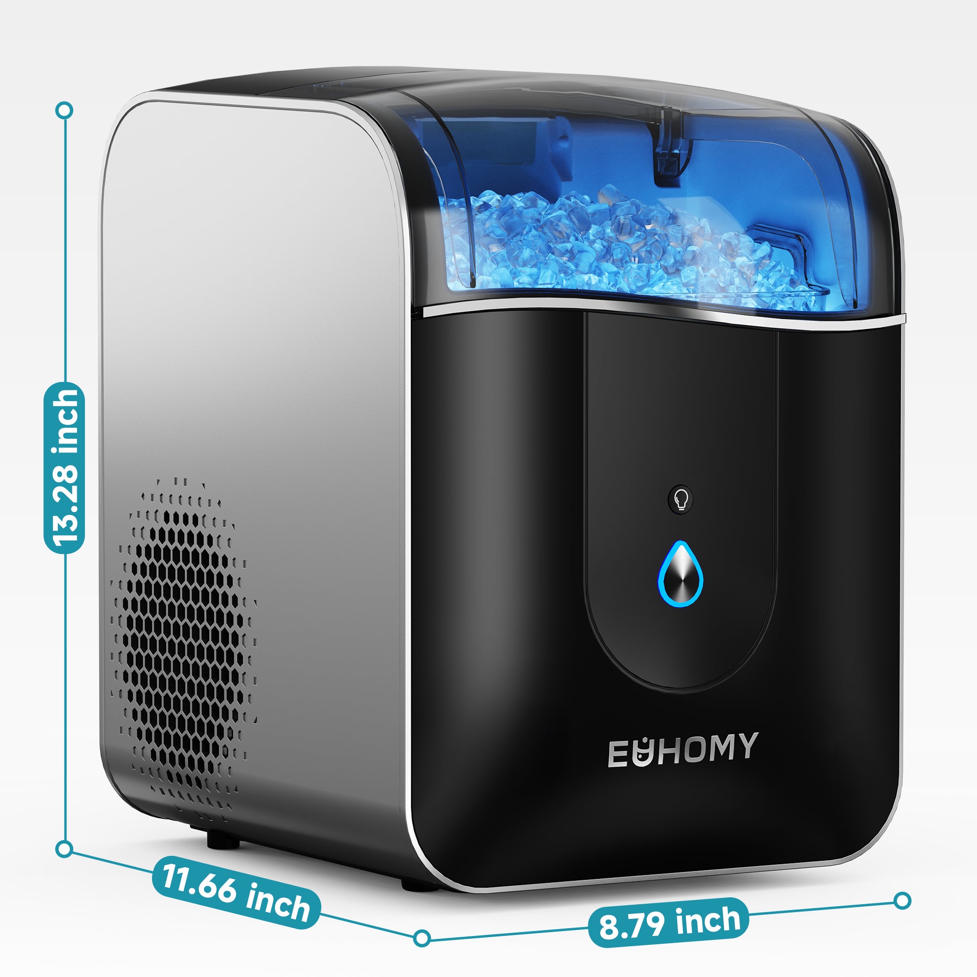 Euhomy Pearl L1 Pro nugget ice maker with full ice bin. Dimensions: 9.1" W x 11.4" D x 12.3" H.