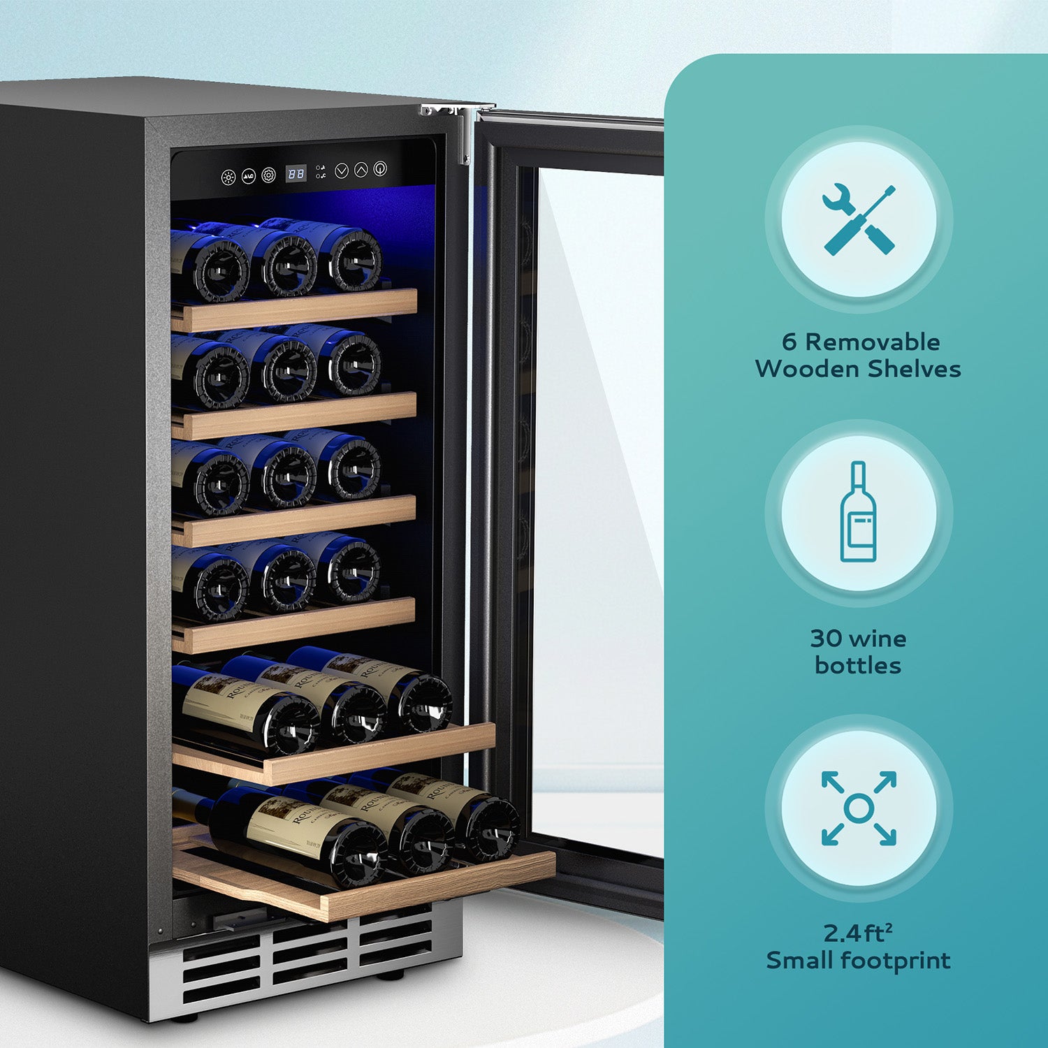 EUHOMY 15-inch black wine fridge, glass door open, 6 wooden shelves, 30 wine bottles, blue LED light.