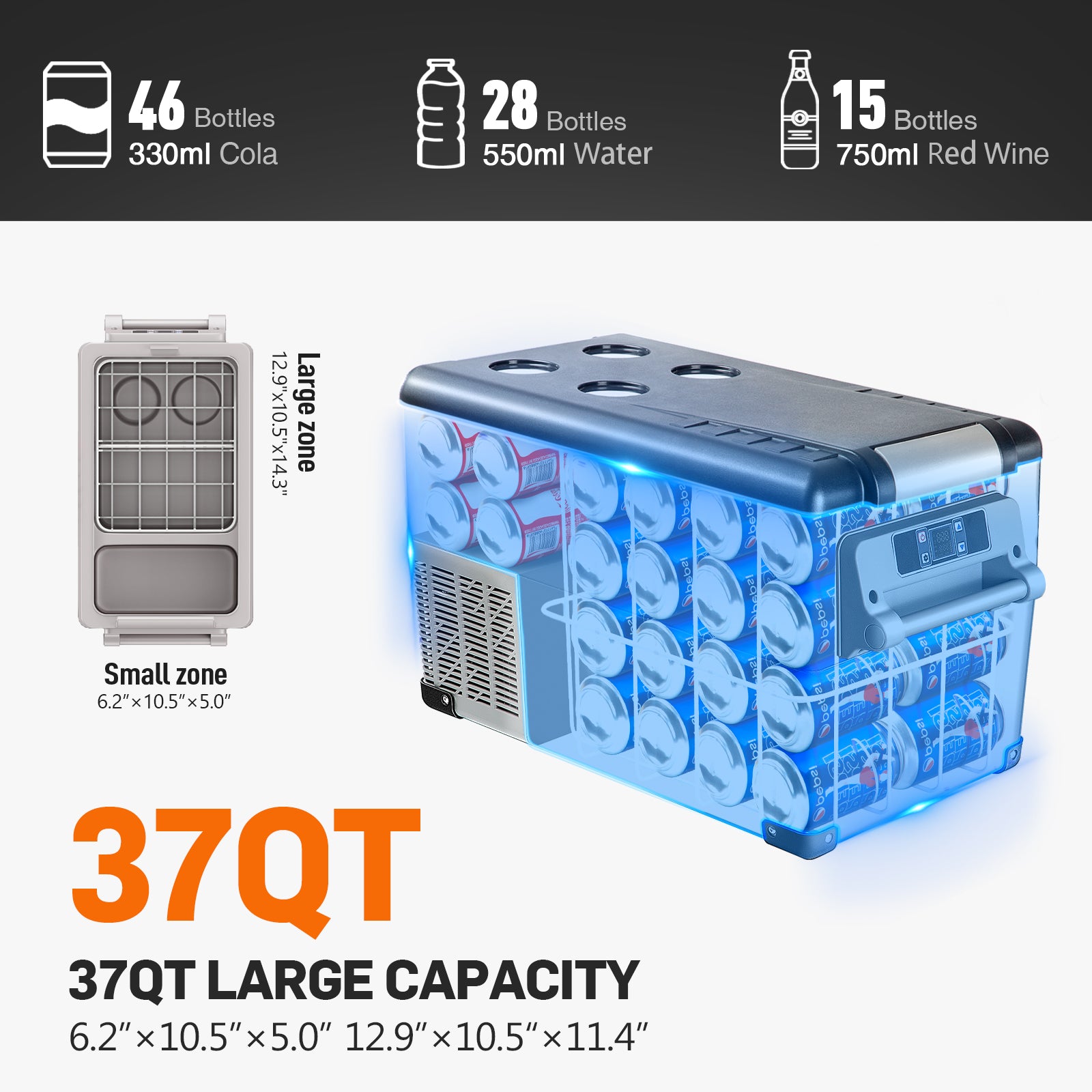 Euhomy 37QT gray portable refrigerator with dual storage compartments, full of cans, highlighting large capacity and organization.