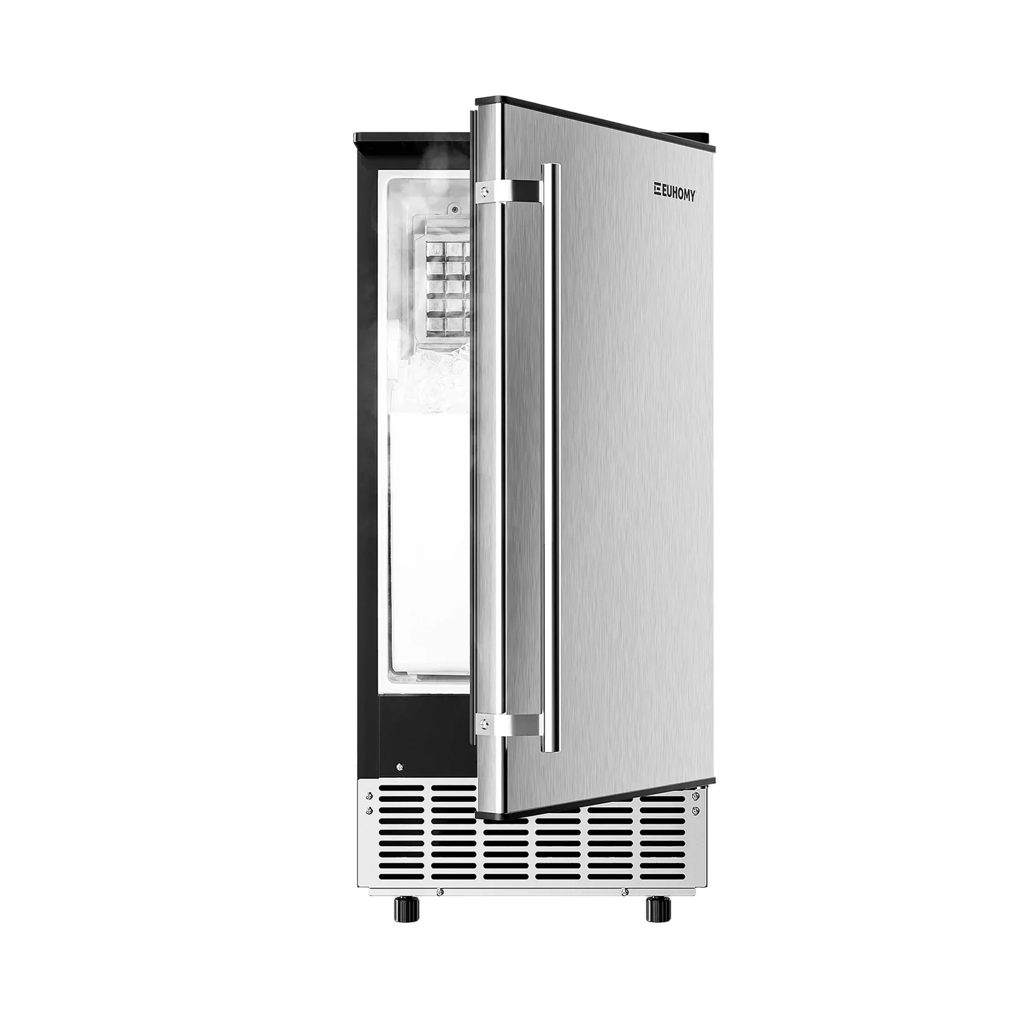 EUHOMY built-in commercial ice machine, stainless steel, open door reveals ice bin. Kitchen/bar appliance.