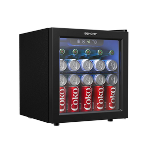 Euhomy Fizz 55 beverage refrigerator with glass door, blue LED light, and stocked drink cans
