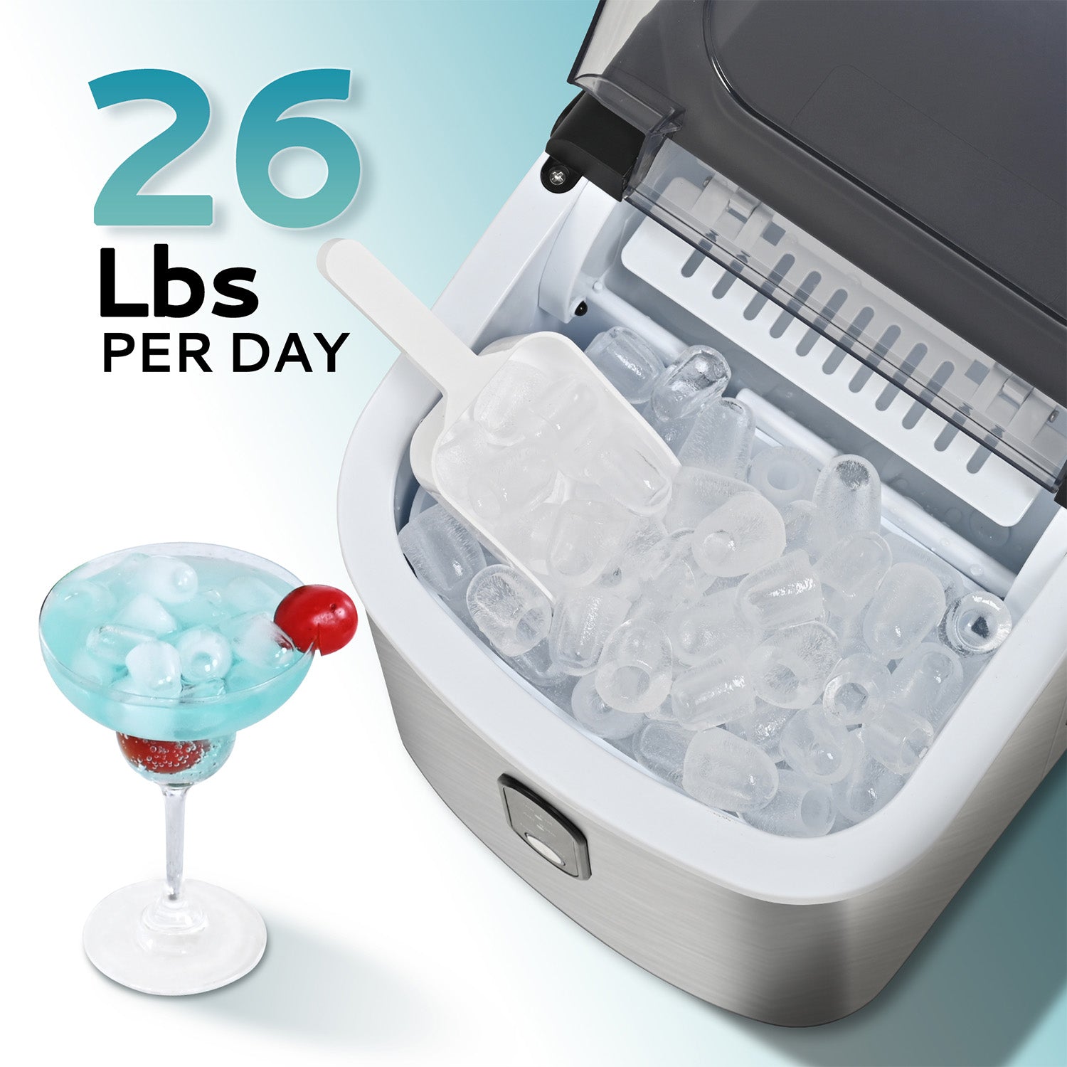 Euhomy Dart H1 silver ice maker with full ice basket, scoop, and cocktail glass showcasing 26 lbs/day capacity.