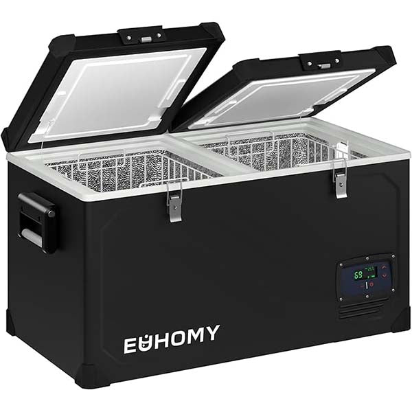 Euhomy 69qt black dual-zone portable fridge, open lid shows baskets. Ideal for camping, home. Digital display.