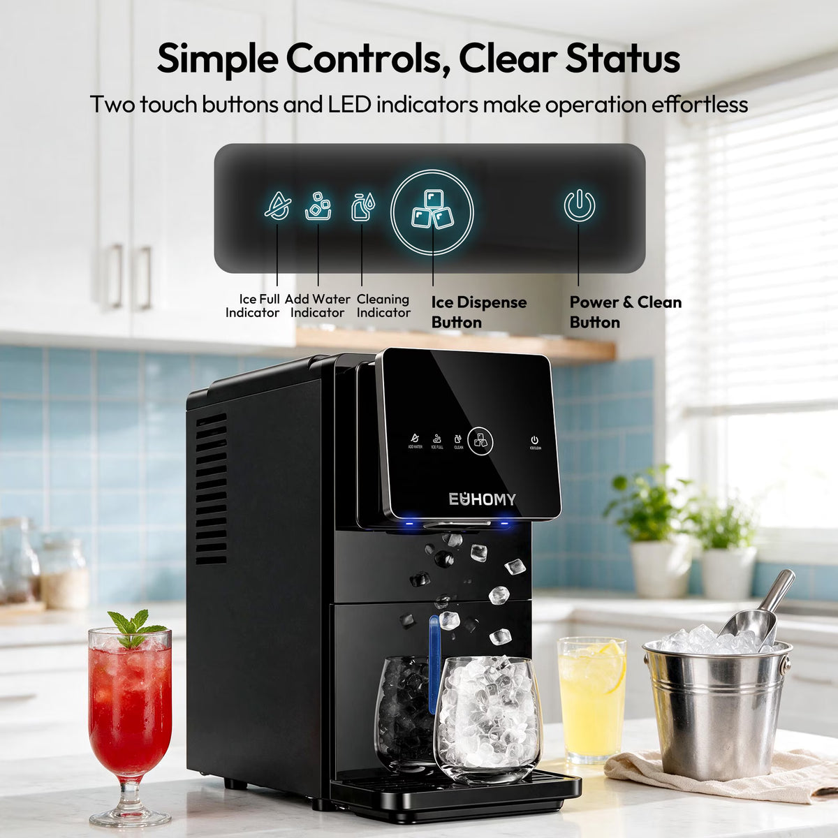 EUHOMY Countertop Nugget Ice Maker, 33 lbs/Day Chewable Pellet Ice Machine, One-Touch Dispensing, 1.8L Removable Water Tank, Self-Cleaning, Black