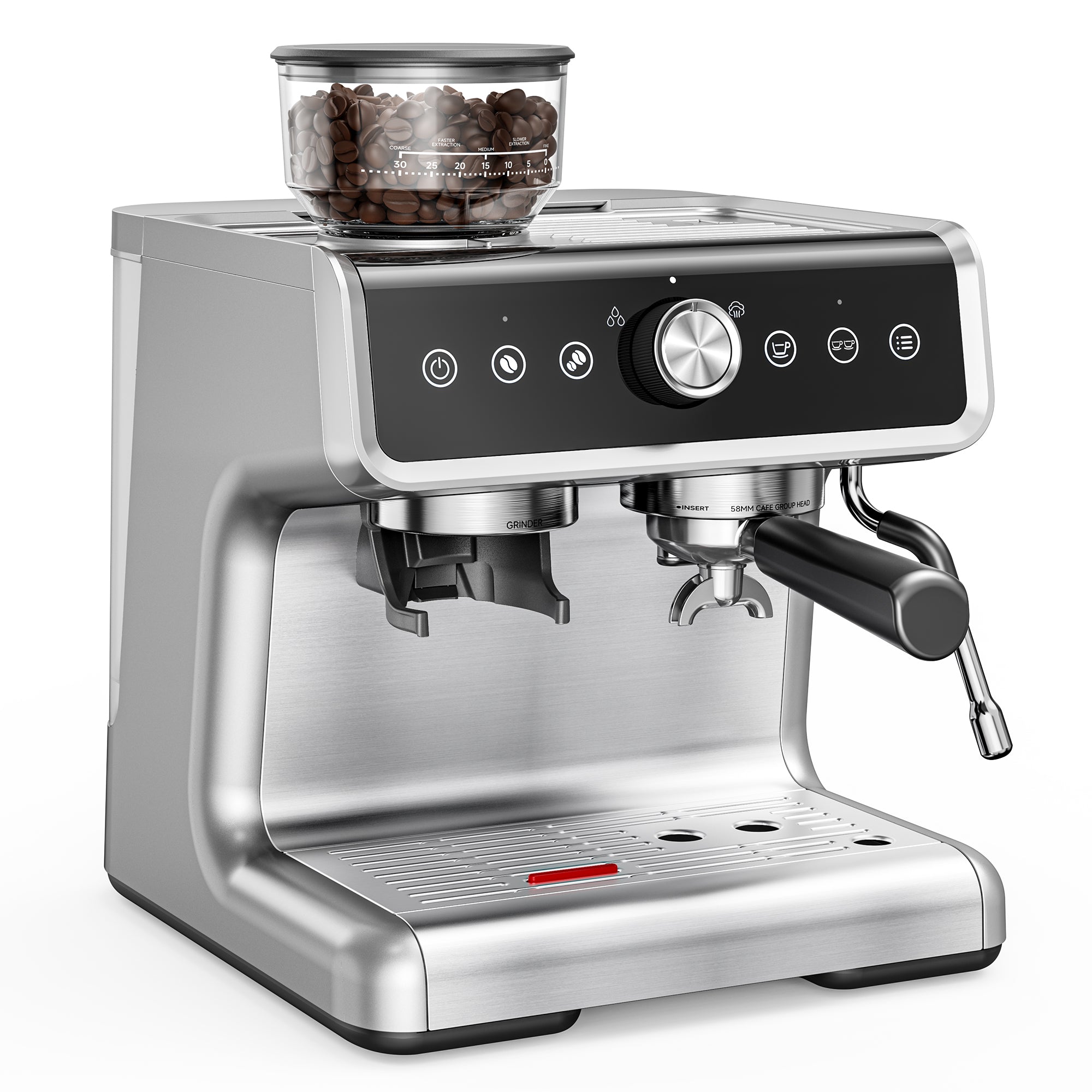 Euhomy espresso machine with grinder, 58mm portafilter, steam wand, and coffee bean hopper