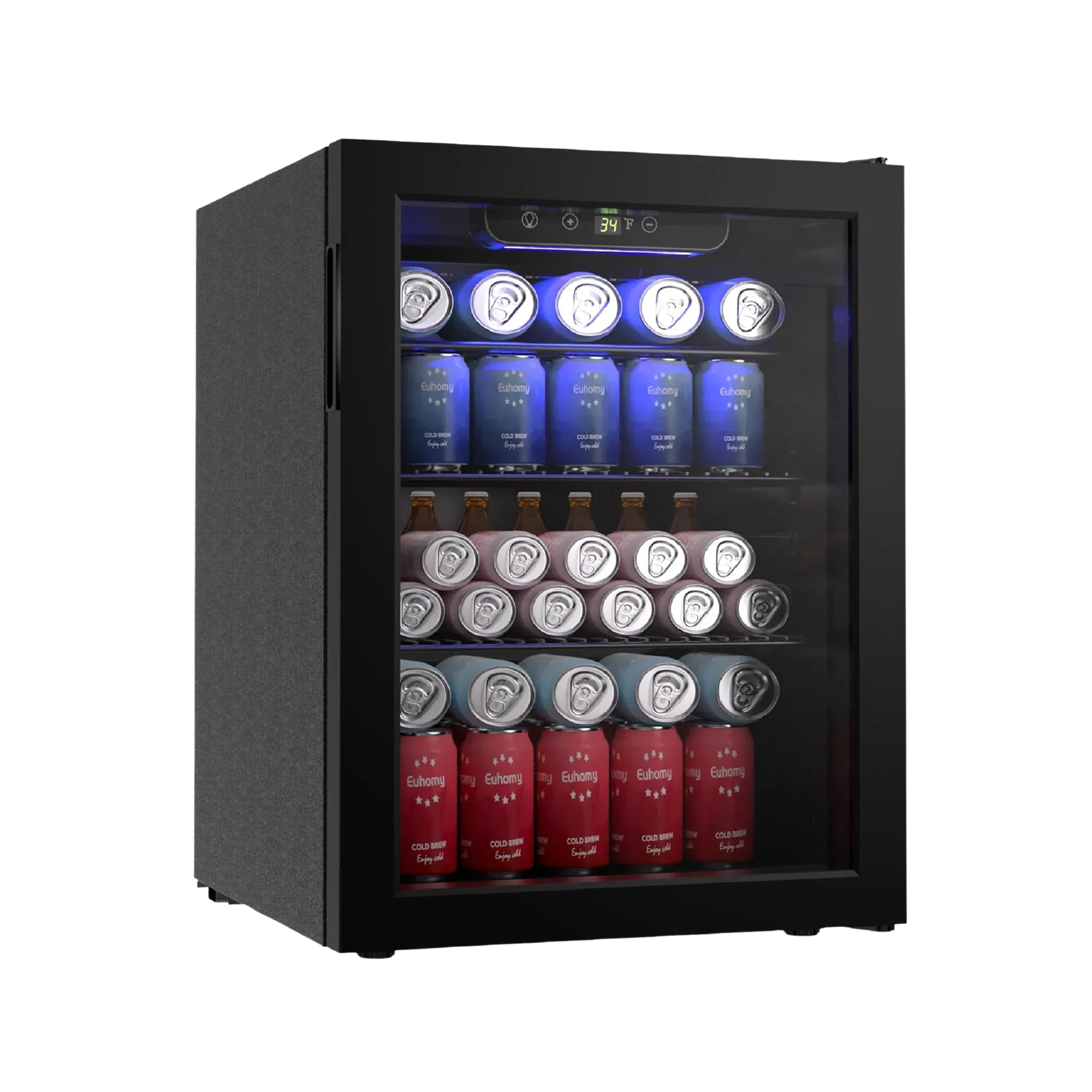EUHOMY 100 Can Mini Fridge with Glass Door, filled with assorted beverages on three shelves, showcasing capacity.