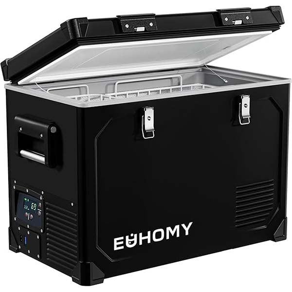 Euhomy 69qt black dual zone portable fridge open, interior visible, wire baskets, fold-away handle.