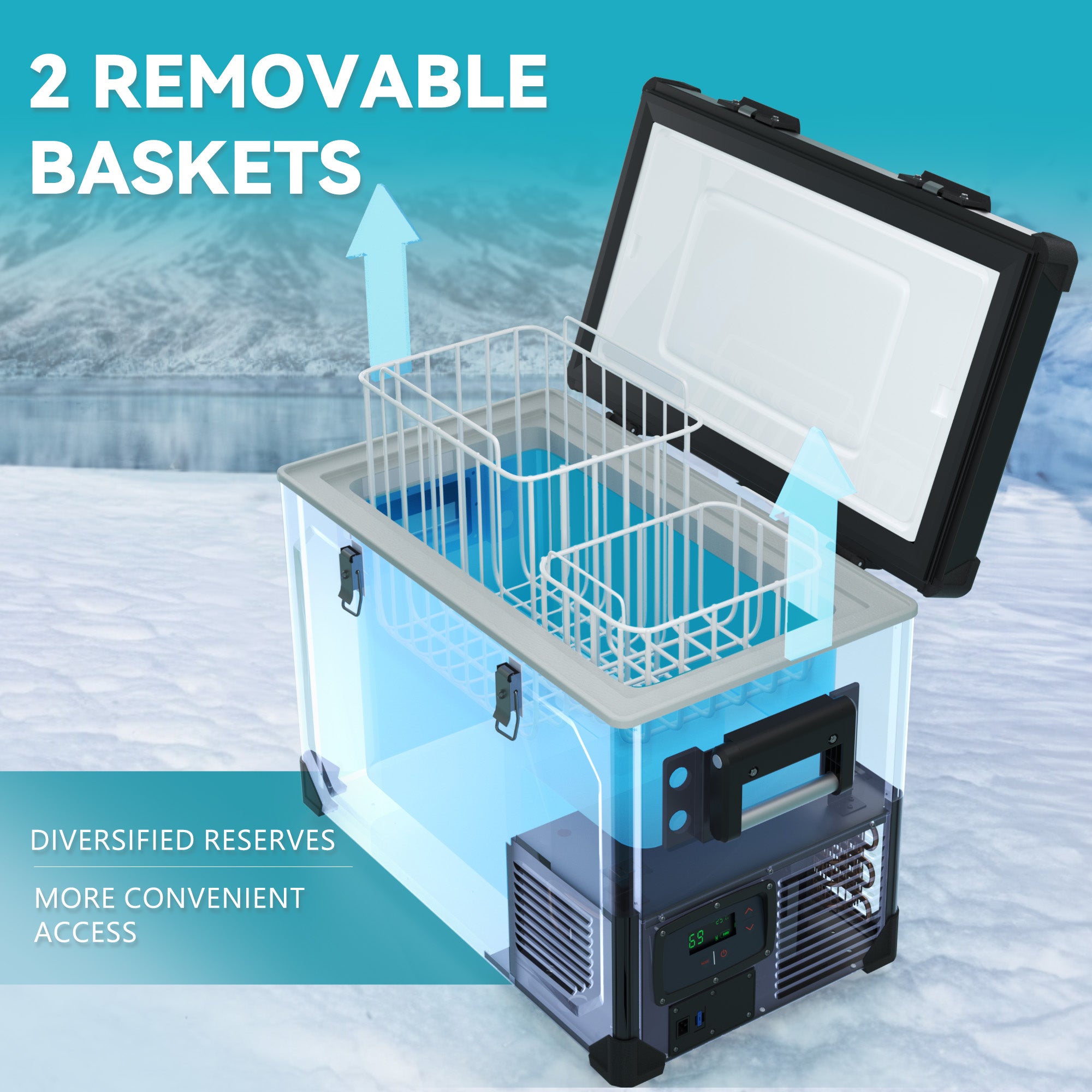 Euhomy 69qt dual zone car fridge open, showing two removable baskets for organized storage. Great for camping trips.