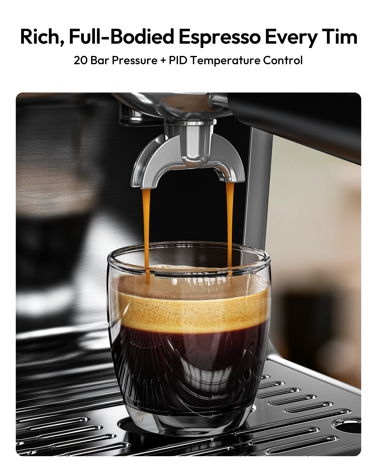 20-bar espresso machine brewing rich espresso with PID temperature control