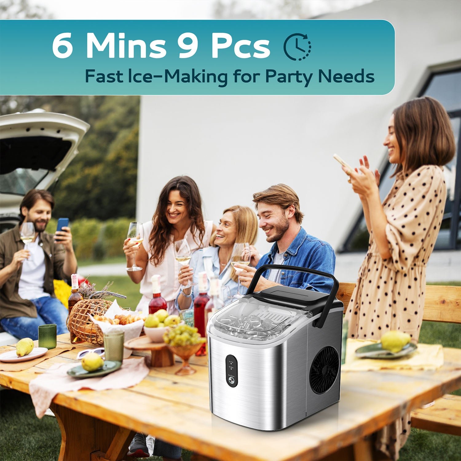 Euhomy Dart H1 silver portable ice maker on picnic table, fast ice for parties.