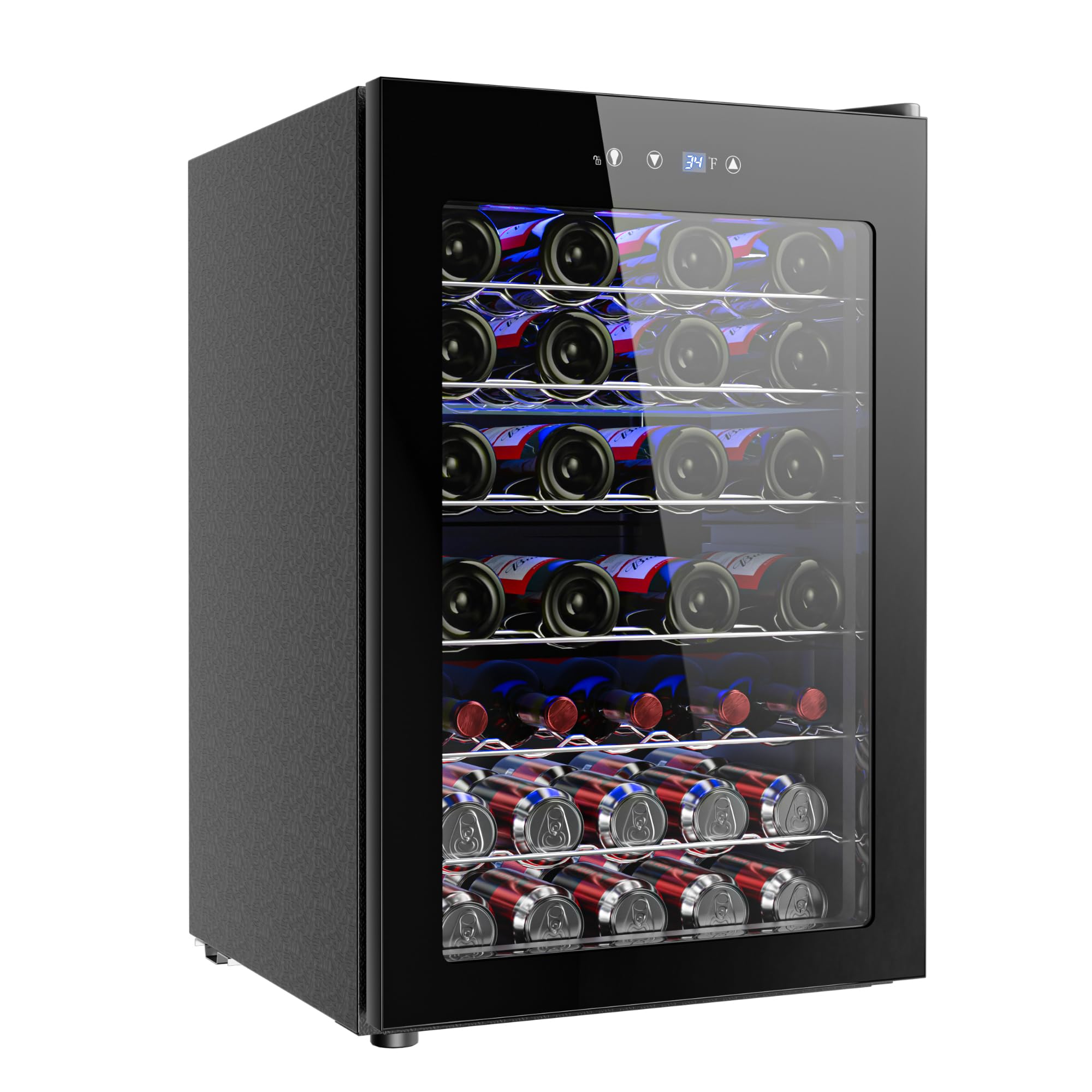 EUHOMY 45-bottle wine cooler refrigerator, black with glass door, LED interior, holds wine bottles & cans.