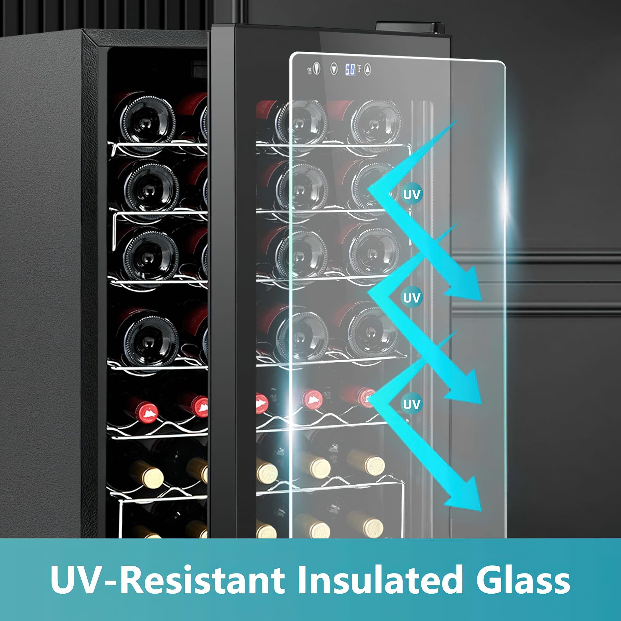 EUHOMY 45-bottle wine cooler refrigerator with UV-resistant insulated glass door protecting wine bottles.