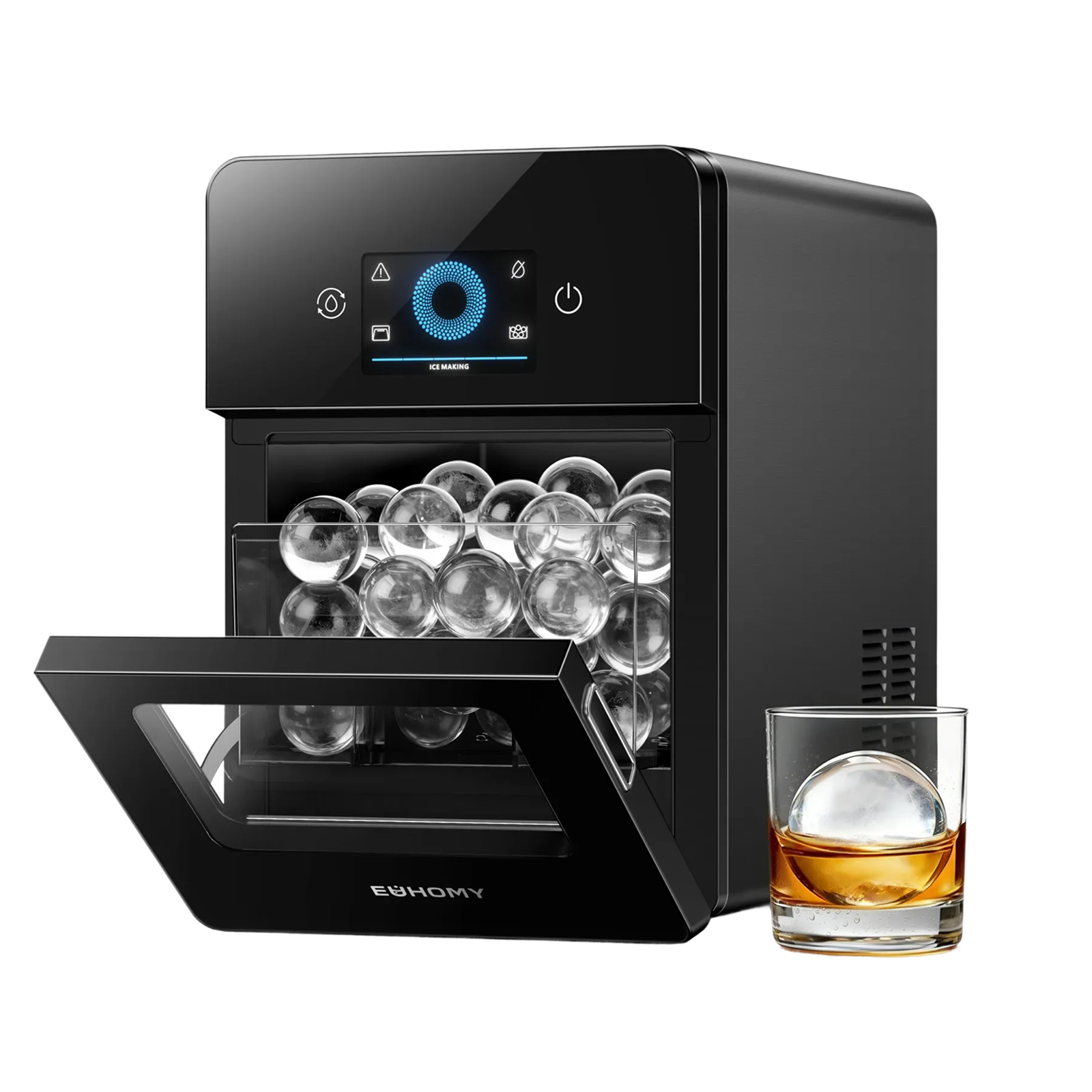 Euhomy Rock SE sphere ice maker with clear ice spheres and whiskey glass