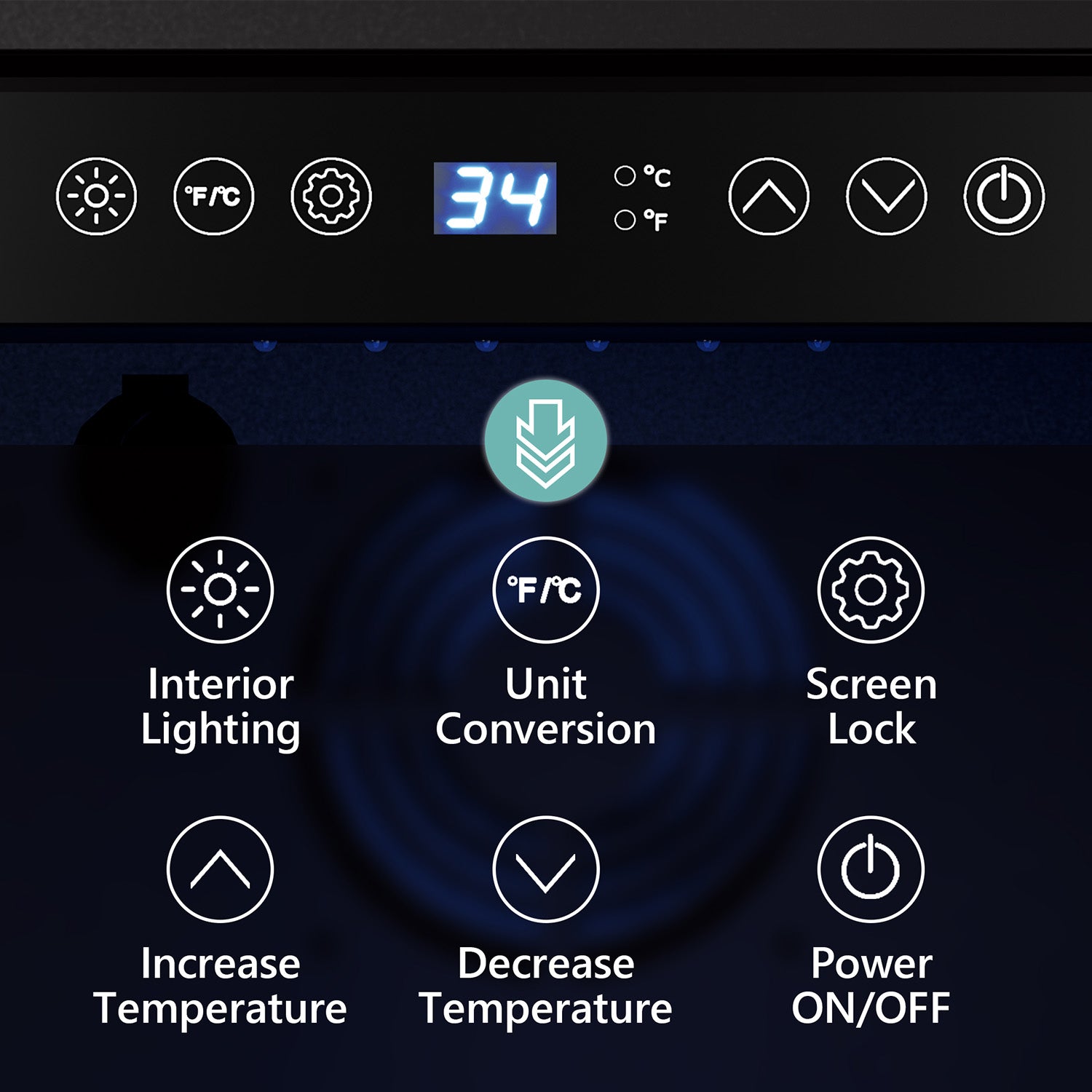 Euhomy wine fridge digital control panel showing 34°F and icons for lighting, temp units, lock, temp adjust, and power.