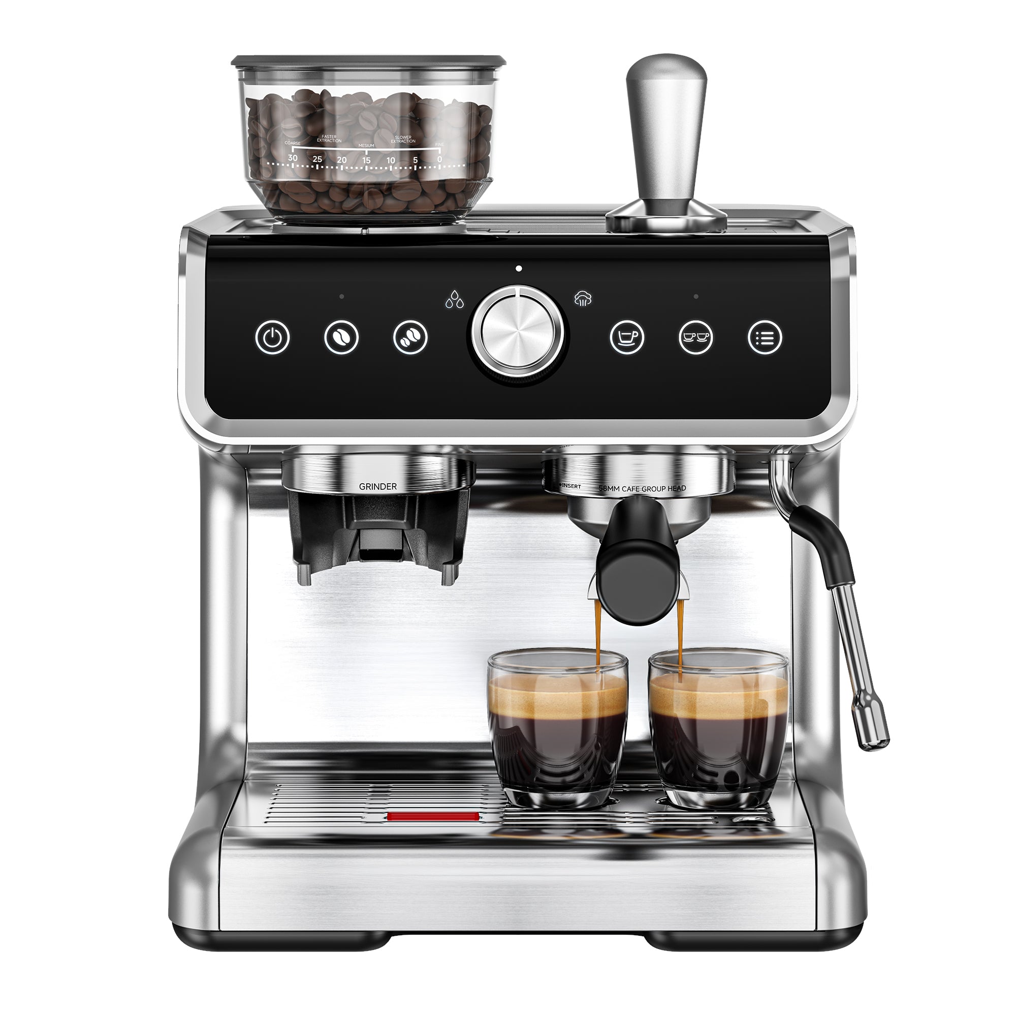 EUHOMY espresso machine with grinder, 20-bar pump, milk frother, stainless steel design
